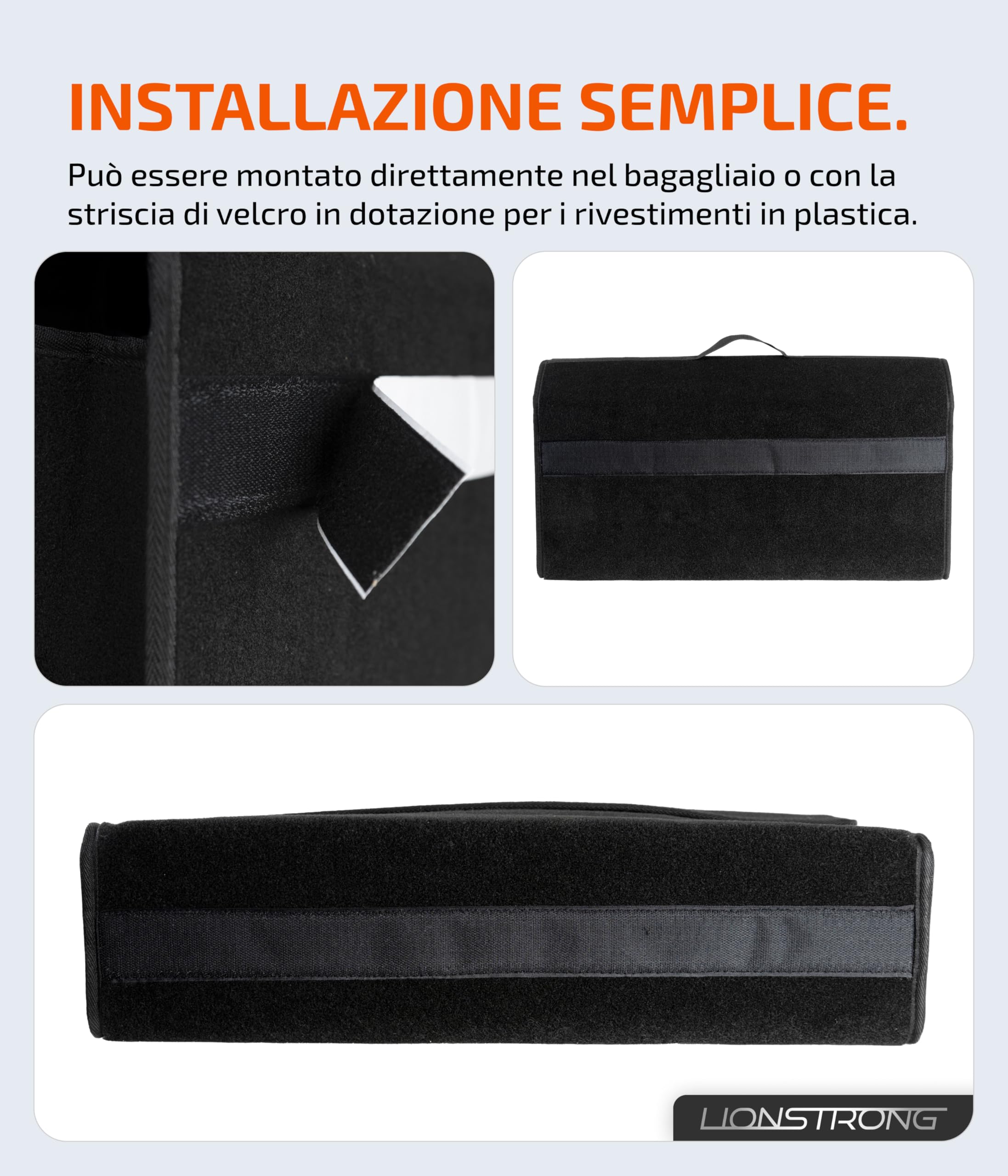 LIONSTRONG® Borsa da Bagagliaio Auto [FELTRO DI ALTA QUALITÀ] – Pieghevole – Con strisce a strappo per fissaggio antiscivolo – Borsa per strumenti – Accessori auto – Universale per tutte le auto