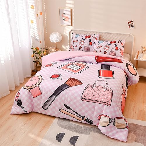 Miniatura 2 de Aimuan Juego de edredón rosa con temática de cosméticos y maquillaje con bolsa de perfume, lápiz labial, patrón de esmalte de uñas, acolchado