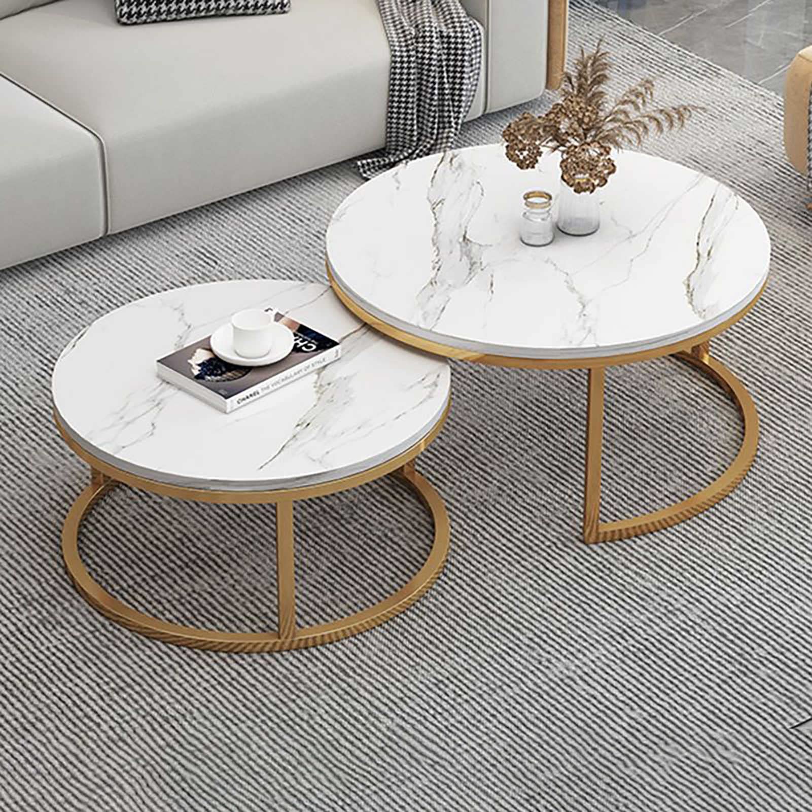 Klydbmyt Modern Nesting Coffee Table Set Of 2 With Drawer Storage Sleek Marble Texture And Metal Frame For Living Room Furniture Decor And Multipurpose Use
