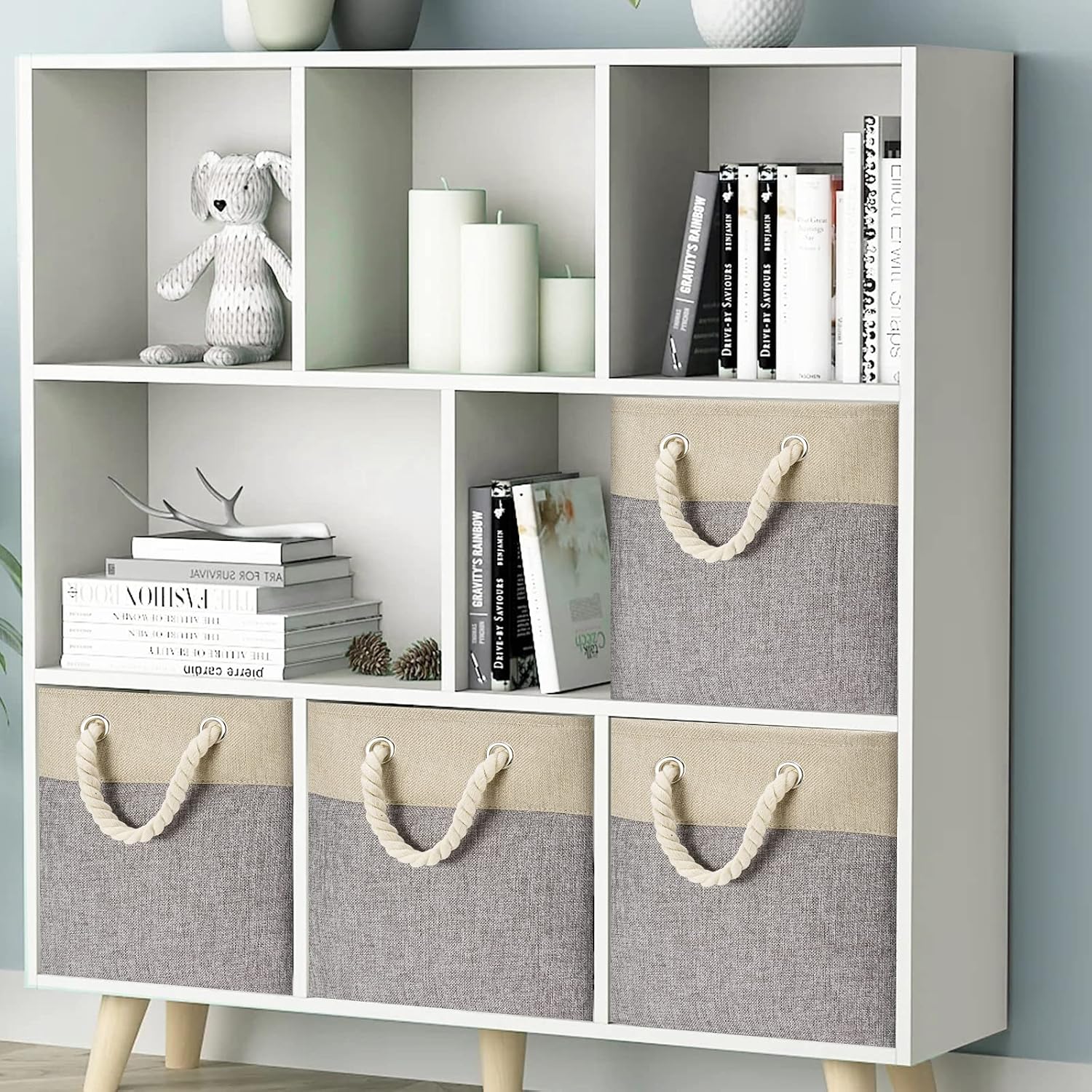 Fabric Cube Storage Bins 13x13x12.5 Inch Beige and Grey Cube Storage Boxes Collapsible Large Cloth Organizer Baskets with Cotton Rops Handles for Storage Cubbies or Closet Shelf ,QY-SC30-2