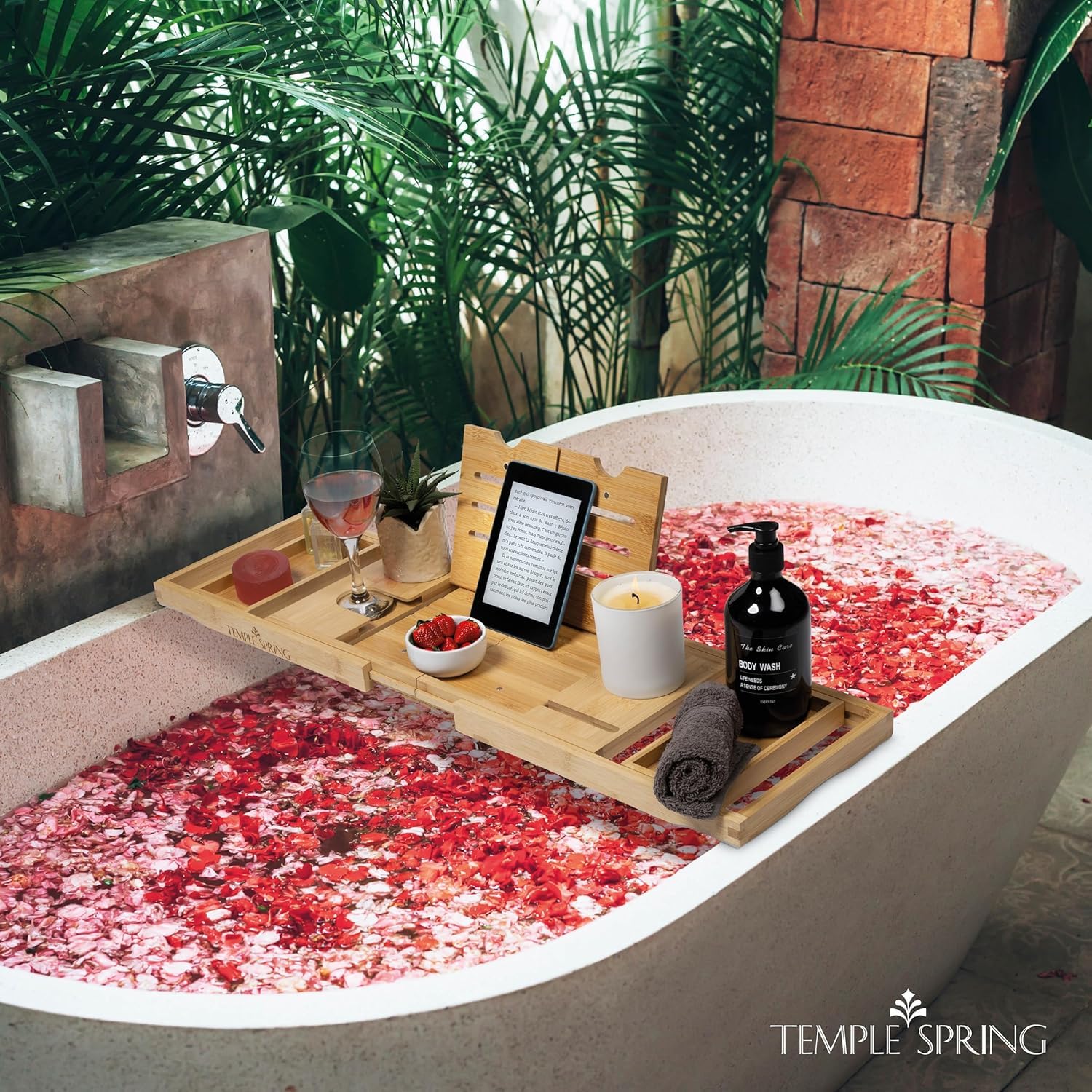 Temple Spring Vassoio da Bagno Pieghevole, Mensola in Legno Estensibile per Vasca, Tavola Spa per Adulti, Caddy da Vasca, Set Accessori Bagno in Bambù – Naturale