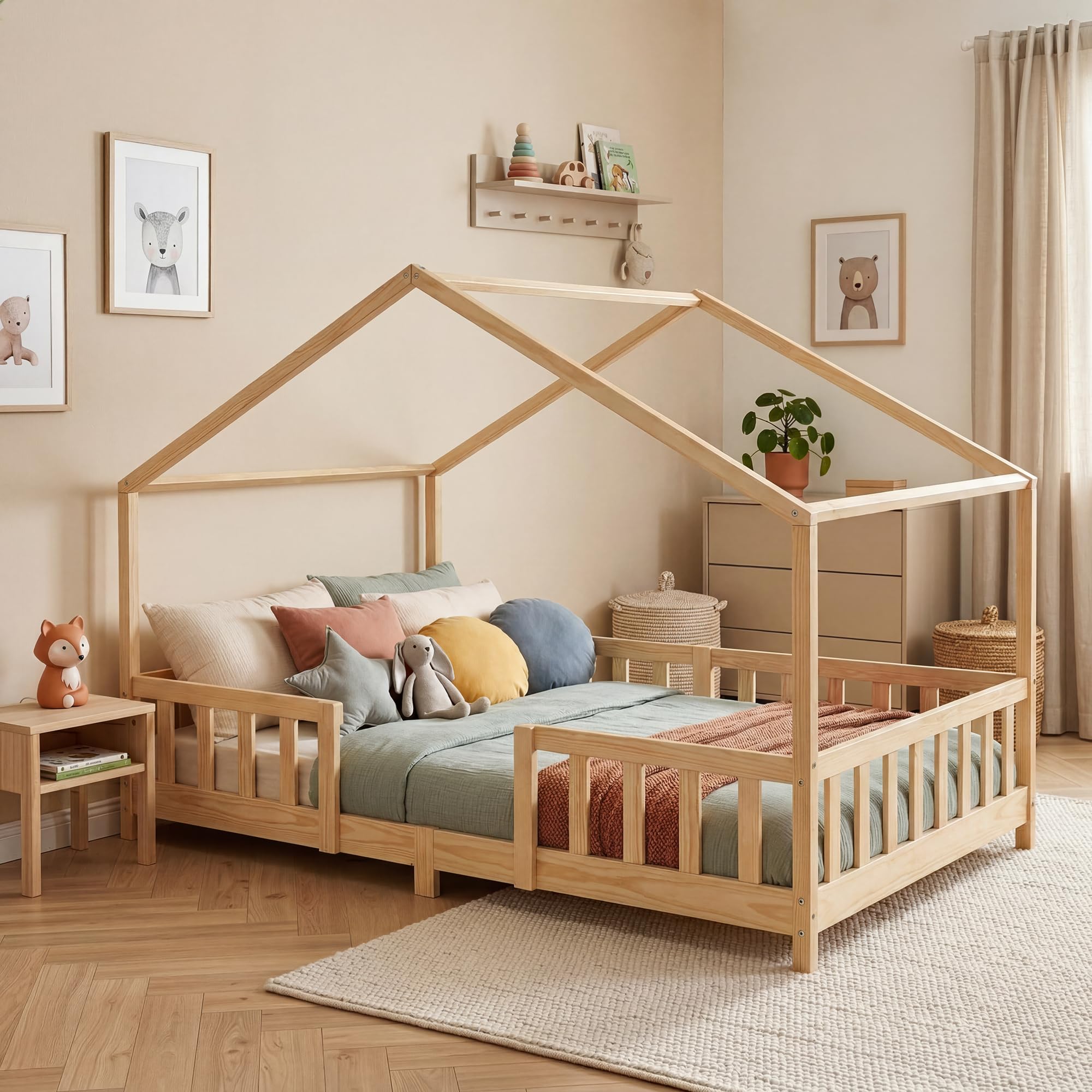 Kinderbett Treviolo Hausbett 120 x 200 cm Holzbett mit Rausfallschutz Montessori Bettgestell Kiefernholz