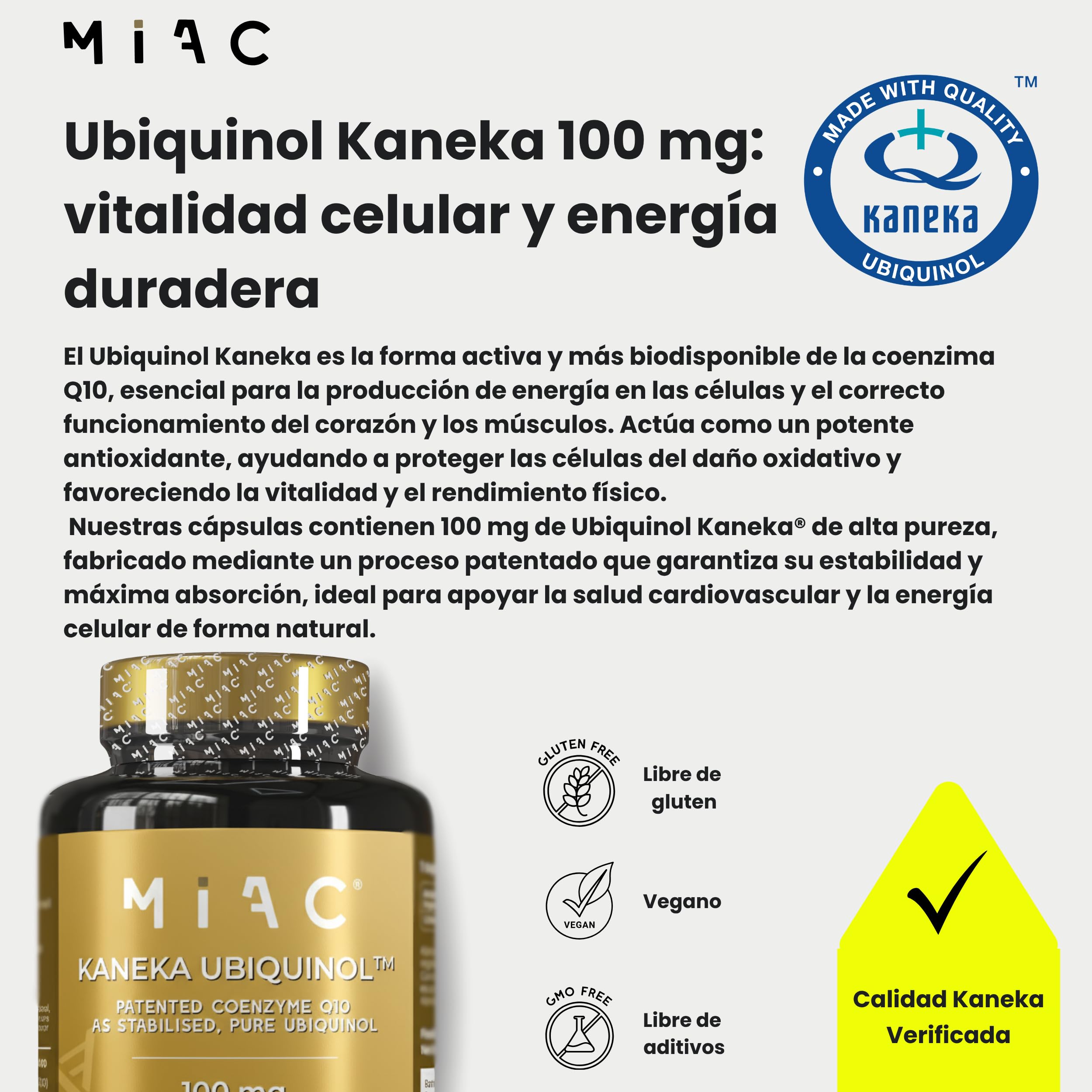 Ubiquinol Kaneka 100 mg | Coenzima Q10 con Ubiquinol Kaneka | Potente fórmula con CoQ10 para energía celular, salud cardiovascular y función cognitiva | Vegano/Sin Gluten