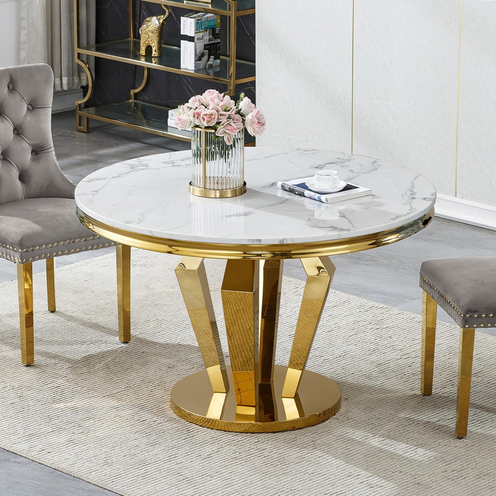 White Marble Dining Table for 4-6, Luxury 45" Round Faux Marble Kitchen Table for 4 Modern Circle Dining Room Tables with Diamond Gold Stainless Steel Base