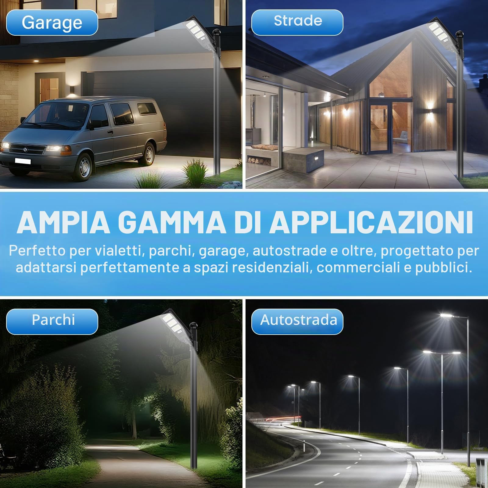 288 LED Lampioni solari esterno Accensione crepuscolare bianca 6000K | Sensore movimento radar, telecomando, illuminazione temporizzata, palo non incluso, IP66, per giardino e parcheggio
