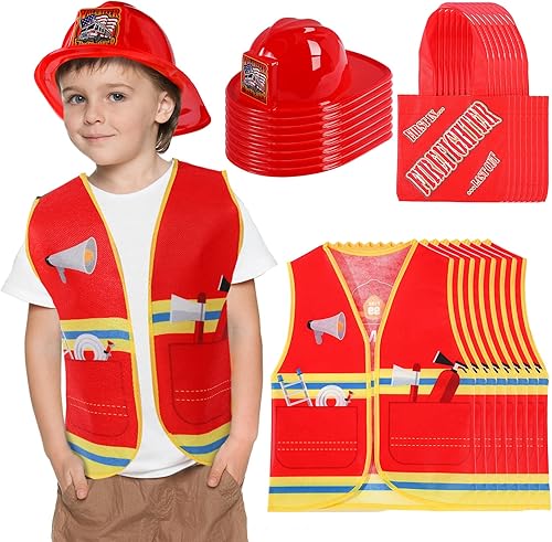 Geyoga Juego de disfraz de bombero de 24 piezas, incluye 8 sombreros de bombero, 8 chalecos y 8 bolsas de mano, suministros de fiesta temática de
