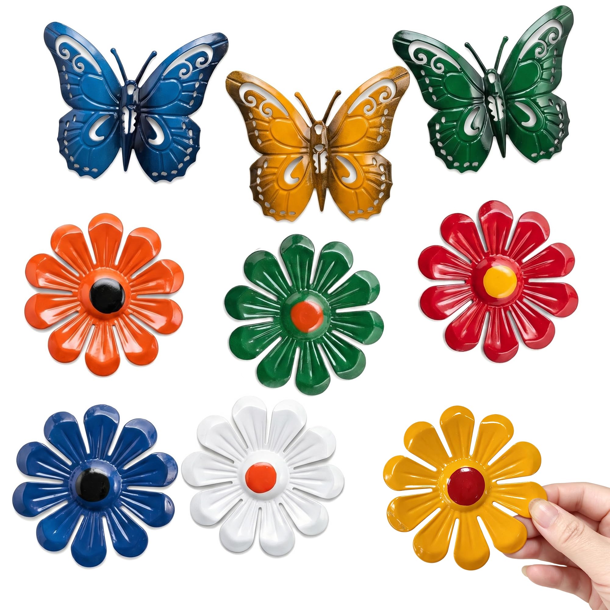 KORVANEL 9 Pcs Garden Decorations Outdoor, Sunflower Butterfly Hanging Decor Set, Metal Wall Art, Rustic Floral Hanging Accent, Fence Decorations Outdoor for Patio Balcony Porch Courtyard Lawn