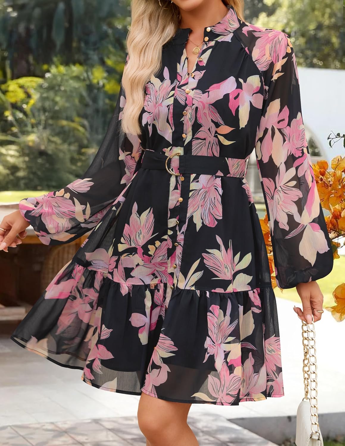 ZESICA Womens Spring Summer Floral Mini Dress Long Sleeve Button Chiffon A Line Swing Short Wedding Guest Party Dresses - Image 9