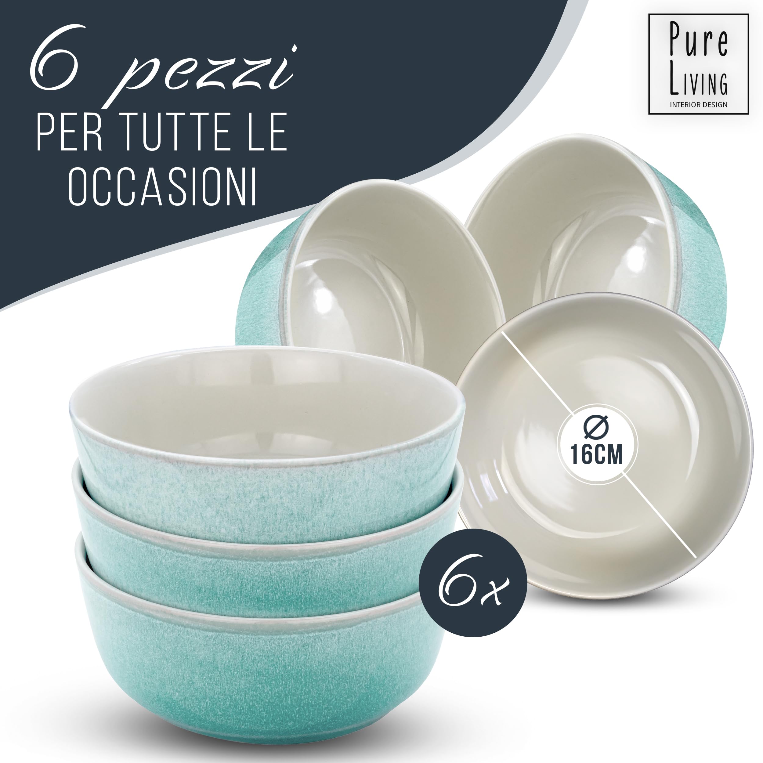 Set di 6 Ciotole per Müsli in Gres Porcellanato Ibiza - Set di Ciotole Resistenti a Lavastoviglie, Microonde e Graffi - Eleganti Ciotoline - Pure Living Beige e Turchese