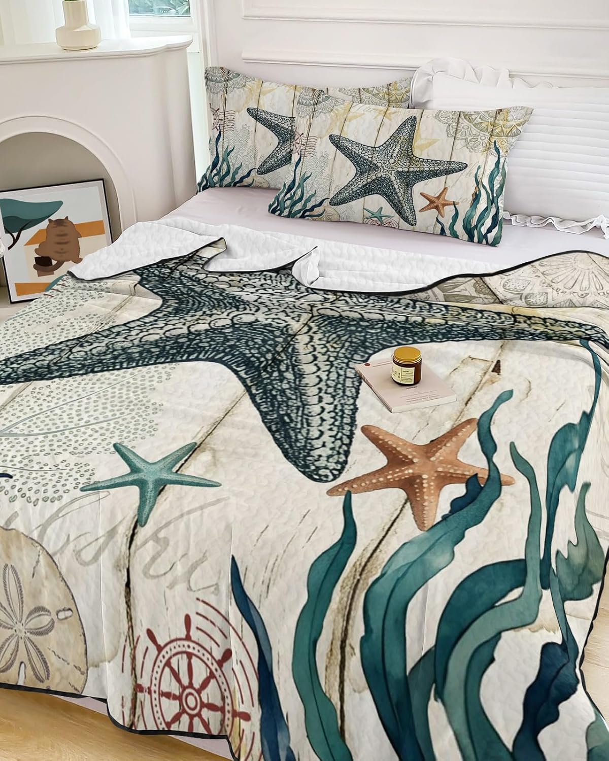 King Size Quilt Set, Ocean Starfish Seaweed Compass Lightweight Bedspread Coverlet Set Soft Microfiber Summer Quilt with 2 Pillow Shams, Nautical Marine Retro Wooden 3 Piece Comforter Bedding Set