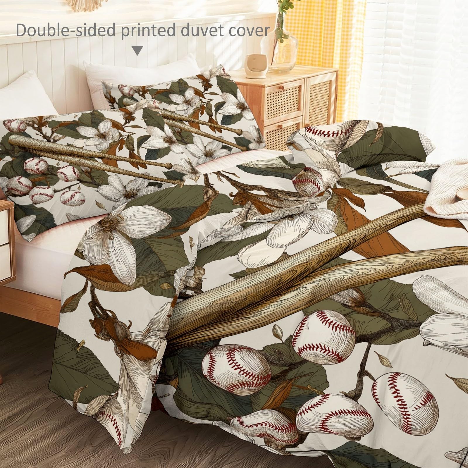 Poszwa na kołdrę 230 x 220 cm Retro Liście Baseball Kij, 3-częściowy dwustronny zestaw pościeli + 2 poszewki na poduszki, poszwa na kołdrę z zamkiem błyskawicznym, brązowy beżowy