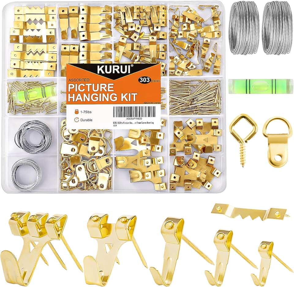 KURUI 303Pcs Picture Hanging Kit, Picture Hangers Assorted Kit with Heavy Duty Picture Hanging Hooks/Hardware Nails/Sawtooth/Wire/