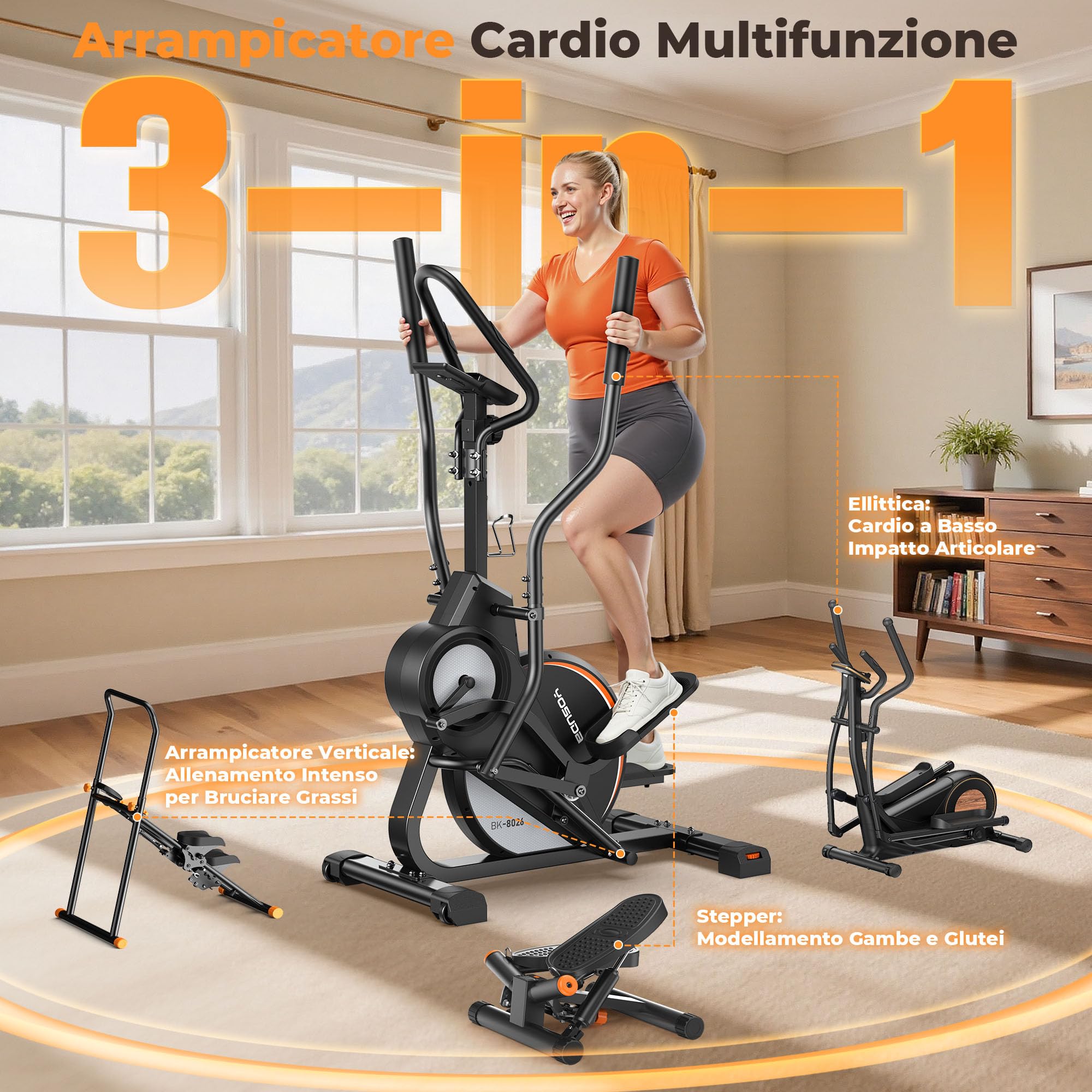 YOSUDA Ellittica da casa professionale, 3 in 1 (Ellittica + Pedaliera + Stairmaster), 16 Livelli di Resistenza, Volano da 8 kg, Resistenza Magnetica Ultra Silenziosa, Inclinazione di 45°, Monitor LCD