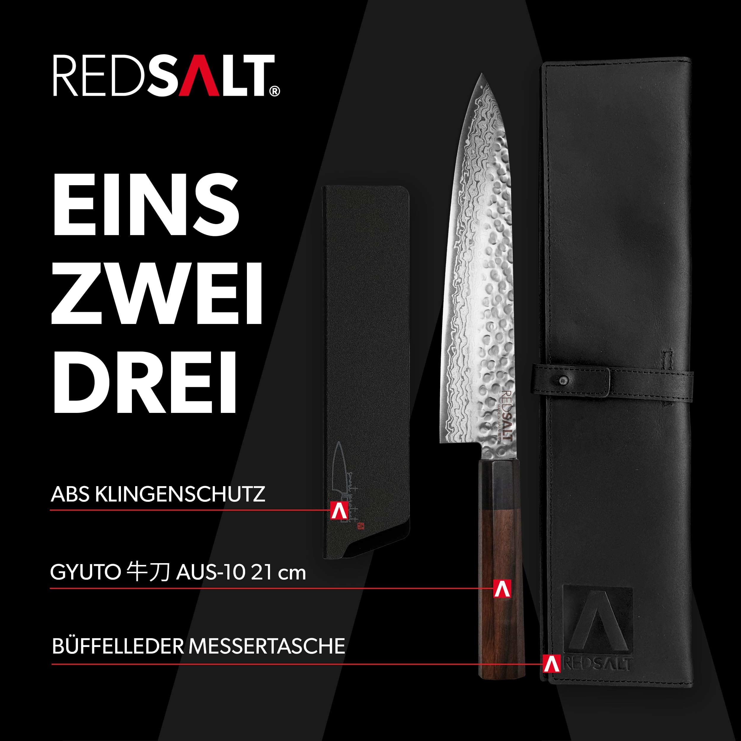 REDSALT® Professional Series GYUTO - Cuchillo de chef (21 cm, acero de damasco, hecho a mano en Japón, con vaina y funda de piel, hoja de damasco, cuchillo de cocina