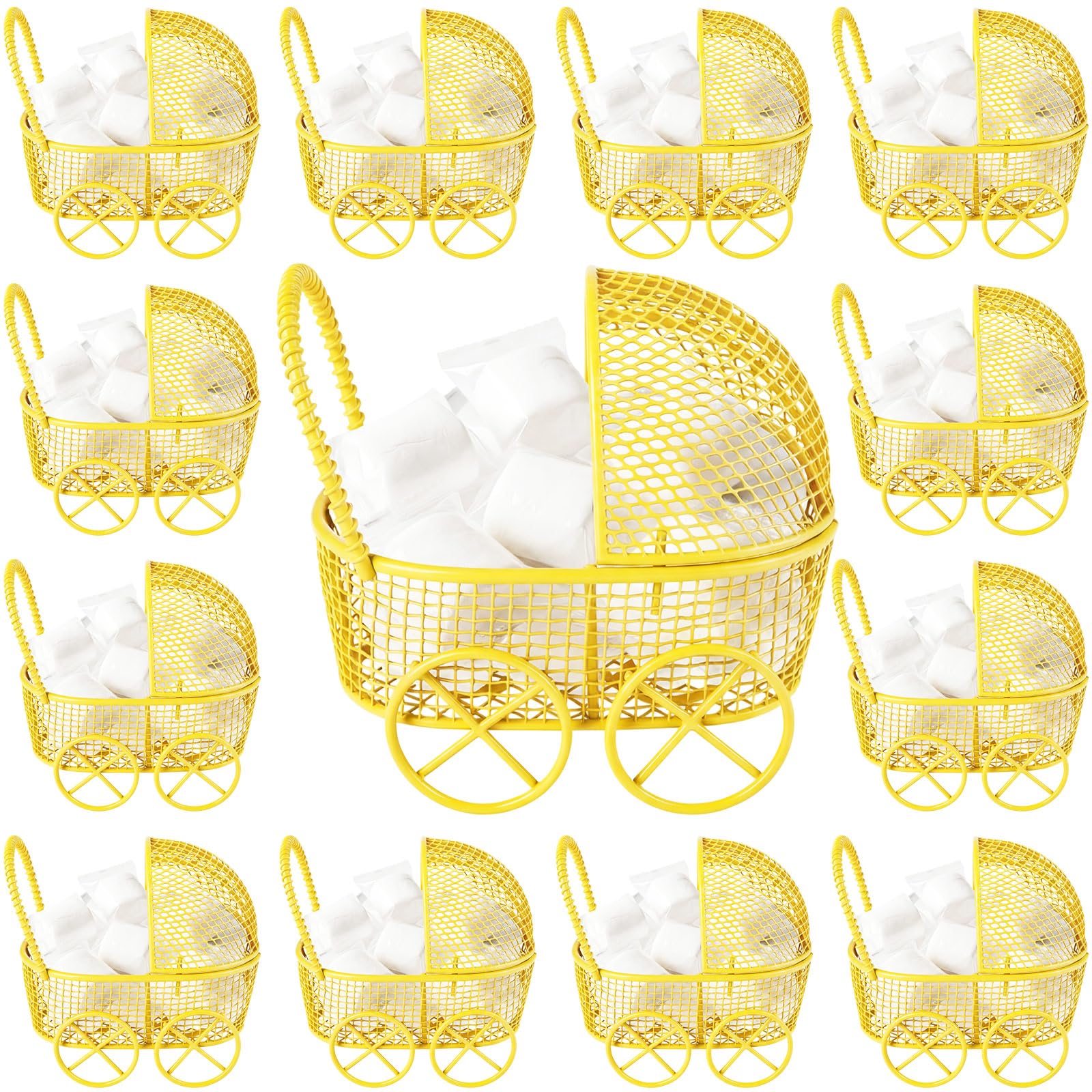Threehoney 12 Pcs Baby Shower Mini Carriage Decoration Yellow Bee Color Metal Wired Fillable Candy Stroller Baby Shower Table Centerpiece for Guest Gender Reveal Wedding Party Favor Gift