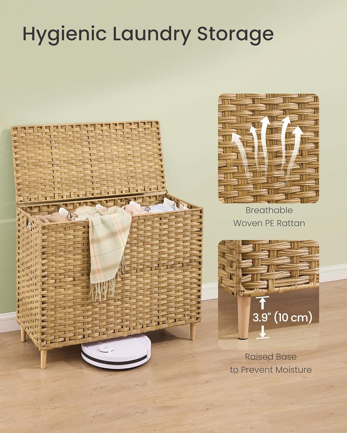 SONGMICS 4-Section Laundry Hamper with Lid, 55.4 Gal (210L) PE Rattan Laundry Basket with Removable Washable Liners, for Bedroom & Living Room, Goose Yellow ULCB224YE01