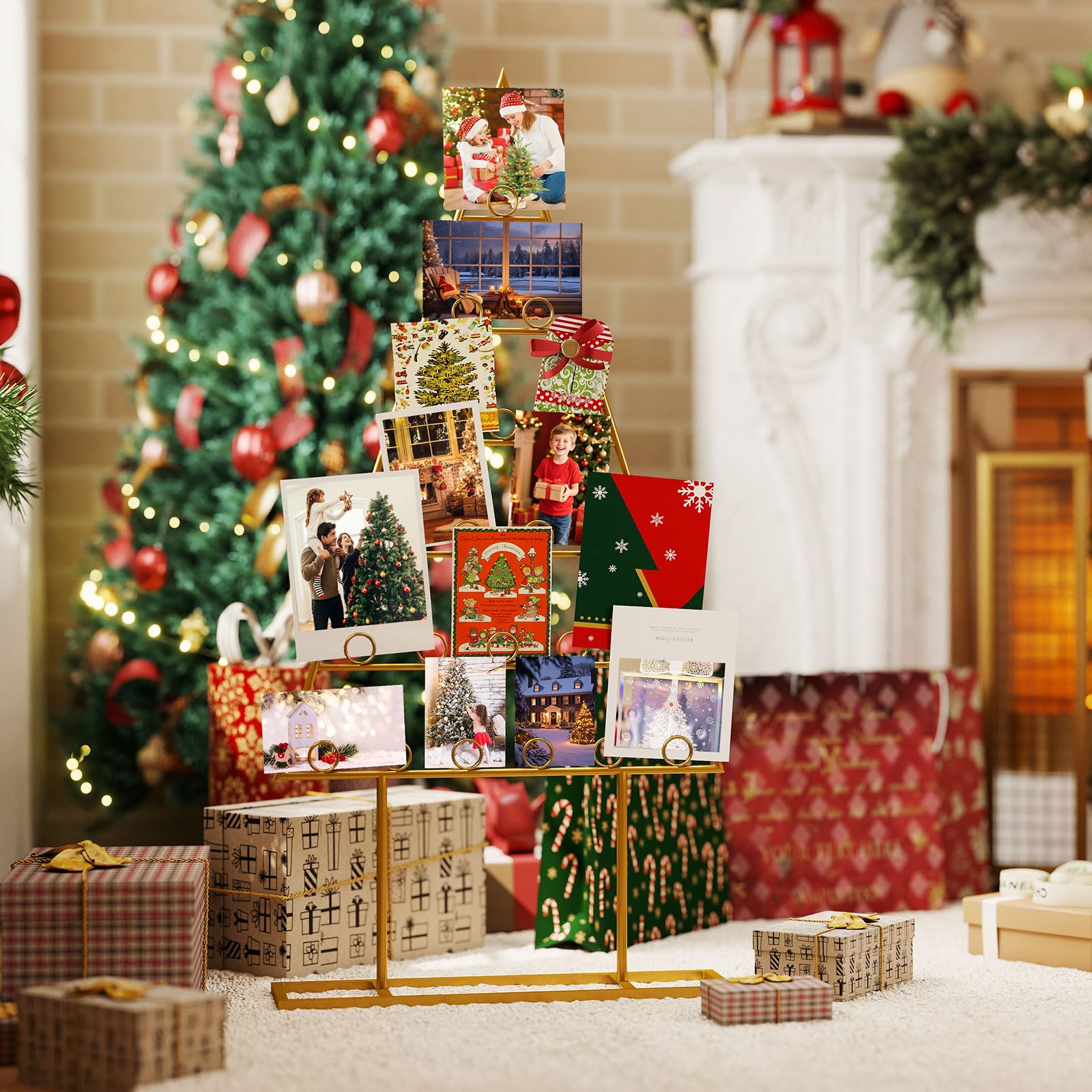 COSTWAY 2 Set Árbol de Navidad para Decoración, Árbol de Navidad de Metal con 36 Clips Redondos para Tarjetas, Fotos y Luz Navideño, Marco de Fotos para Decoración Navideña, Casa Oficina, Dorado