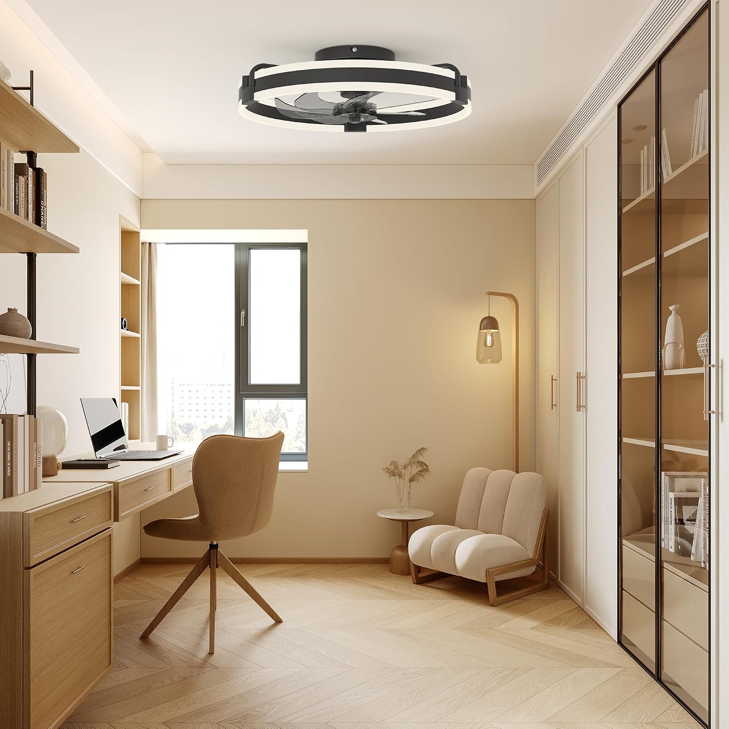 Garwarm Ceiling Fans with Lights and Remote, Modern Low Profile Flush Mount Ceiling Fan,Dimmable LED Small Fan Light,Fandelier Ceiling Fans with LED Light for Bedroom,Black