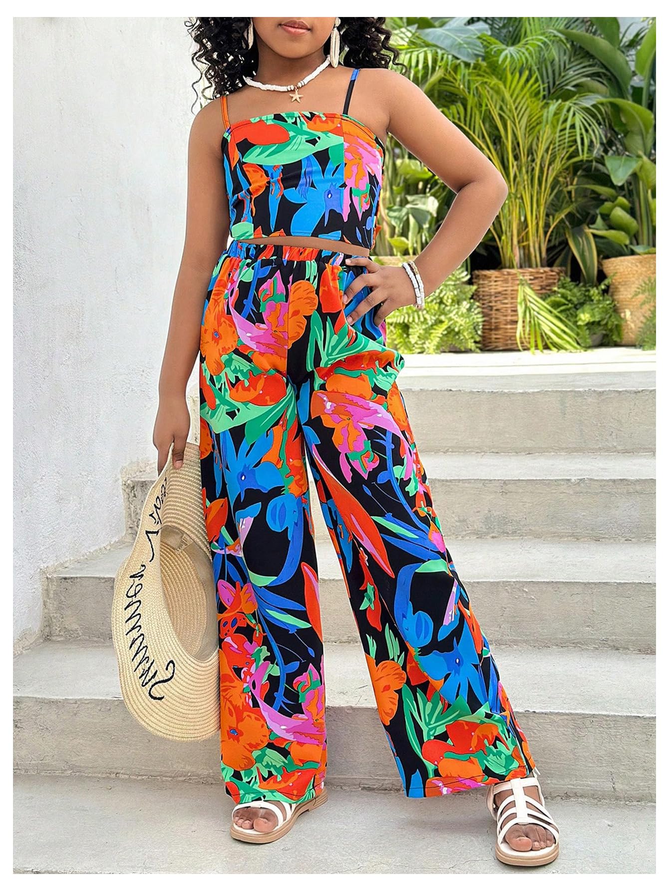 Floerns Conjunto de 2 piezas para niña hawaiana tropical camisola y pantalones bohemios