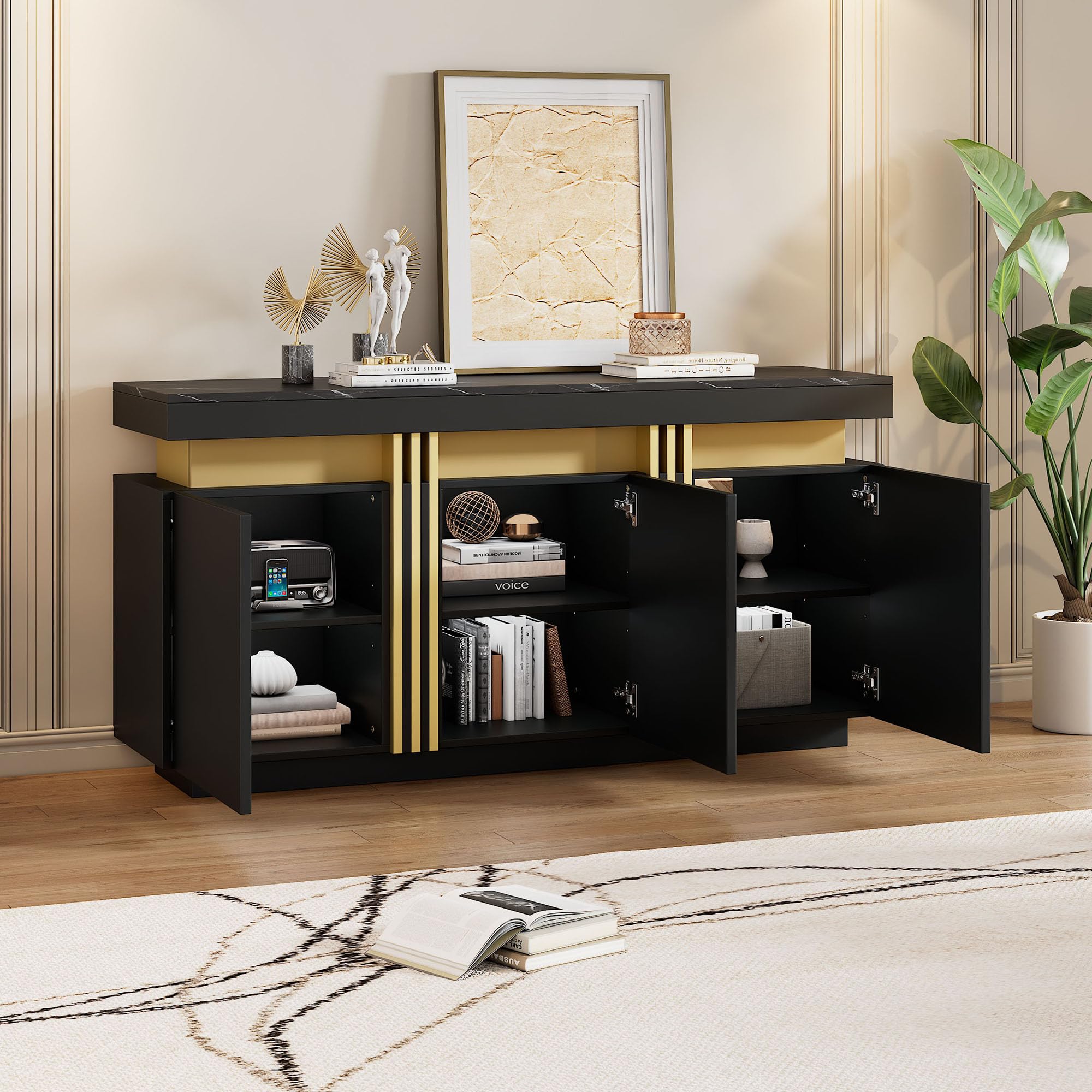 Moderna pantalla aparador, 3 puertas, armario de comedor con divisores ajustables, perfecto para cocina, salón, comedor, pasillo, armarios anchos sin asas 140 x 38 x 70 cm (negro)