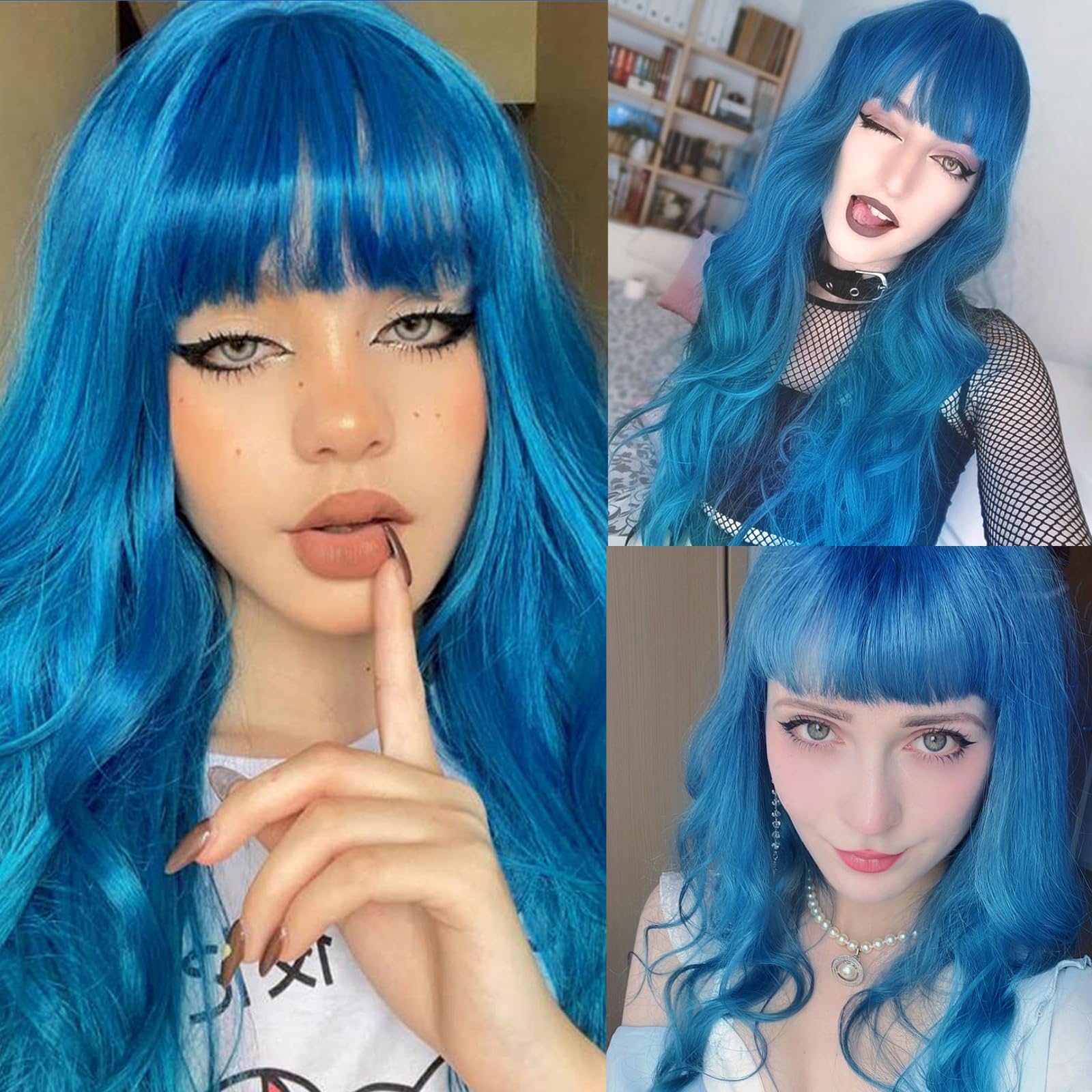 Amazon.com : EVLYNN Blue Wig with Bangs Long Wavy Ombre Blue 