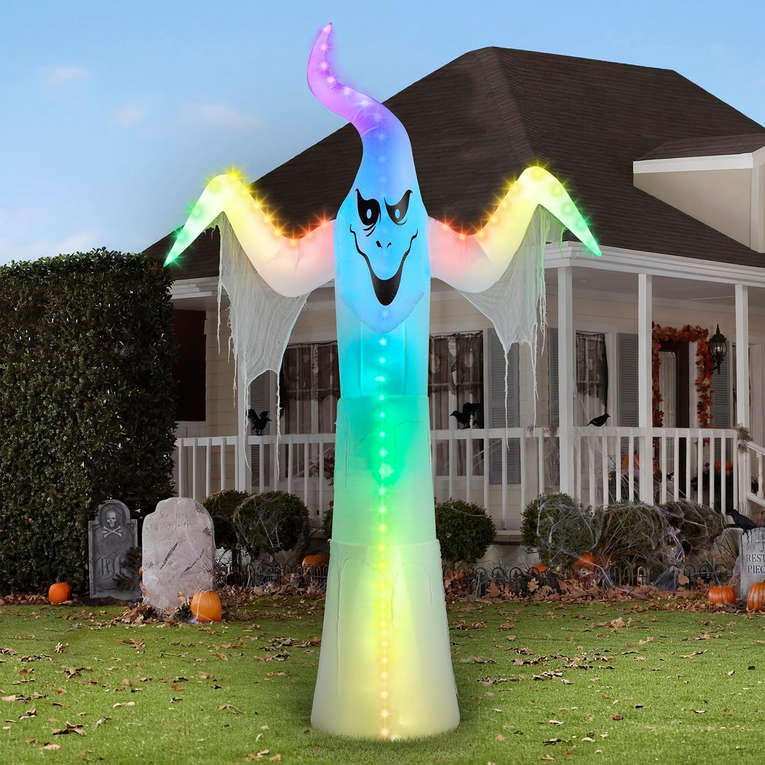 GEMMY AIRBLOWN® Inflatable – THE Original Blow UP Holiday Decor 12 FT Ghost Halloween Inflatables Outdoor Decoration, Rainblow Ghost Blow Up with LEDs for Indoor/Outdoor Halloween Yard Decoration