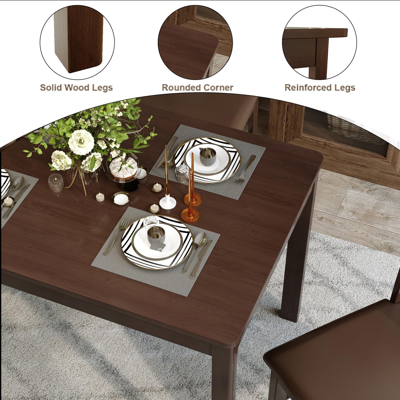 Mesa de comedor de madera maciza para 4-6 personas, mesa rectangular de cocina de 46 pulgadas, mesa de comedor para apartamento, sala de estar, restaurante (marrón)
