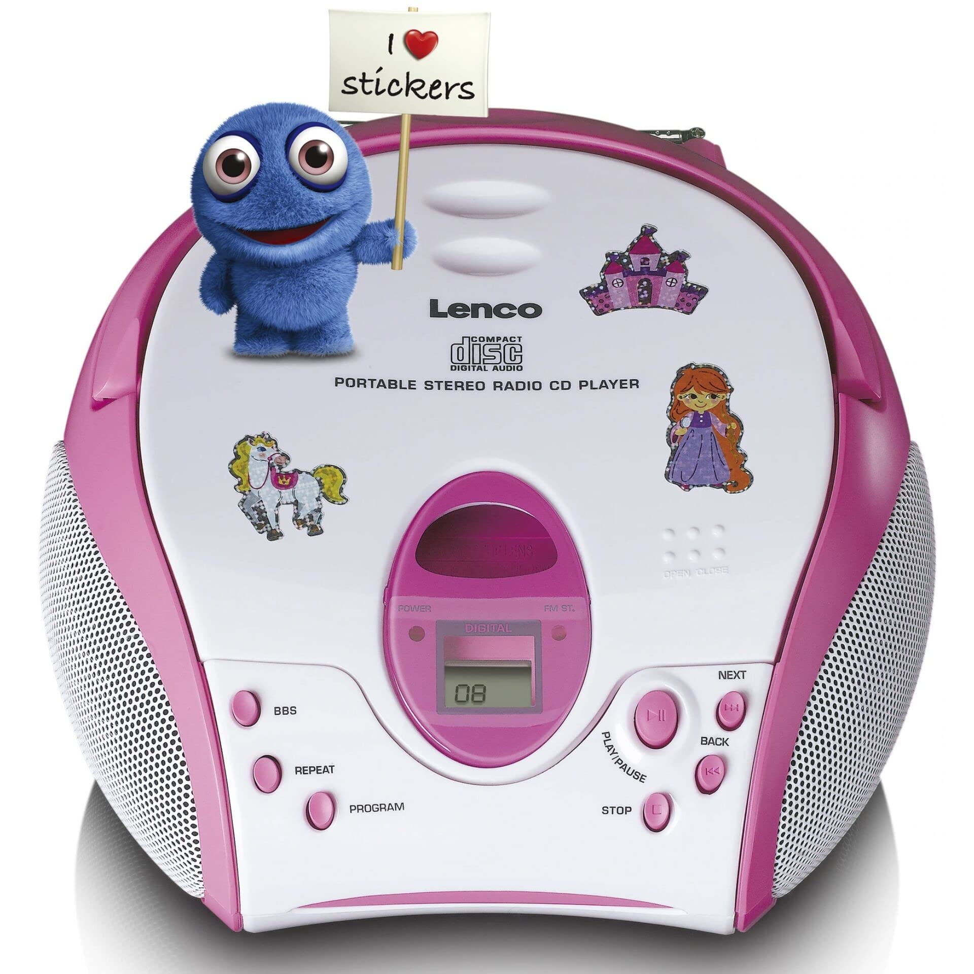 Lenco SCD-24 Kids - odtwarzacz CD dla dzieci - radio CD - z naklejkami - Boombox - tuner radiowy UKW - pamięć utworów - 2 x 1,5 W moc RMS - zasilanie sieciowe i bateryjne - różowy