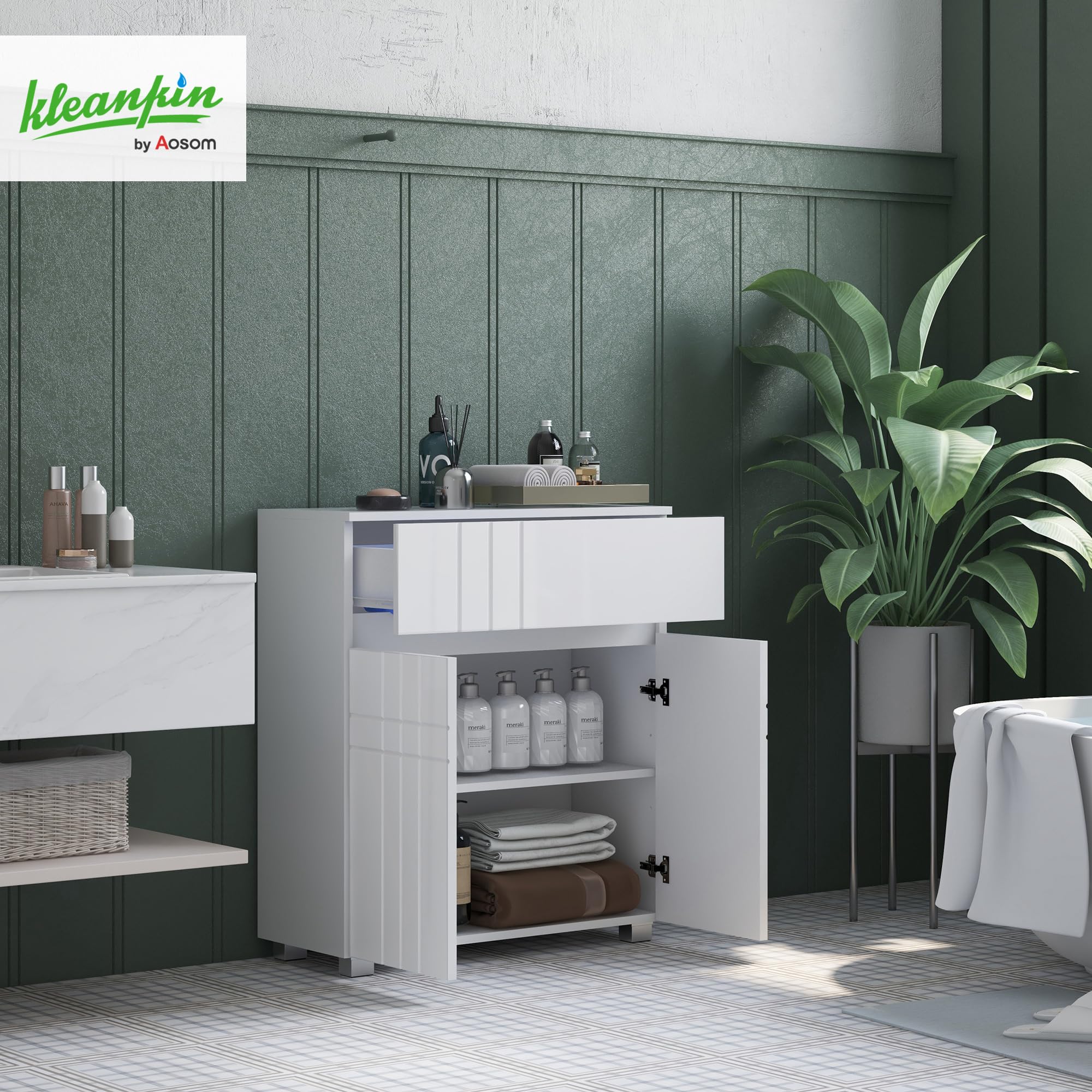 kleankin Meuble de Salle de Bain, 1 Tiroir, 2 Portes, 60 x 30 x 80 cm Blanc | Meuble de Rangement Sur Pied, Placard, Étagère Réglable, Finition Laquée