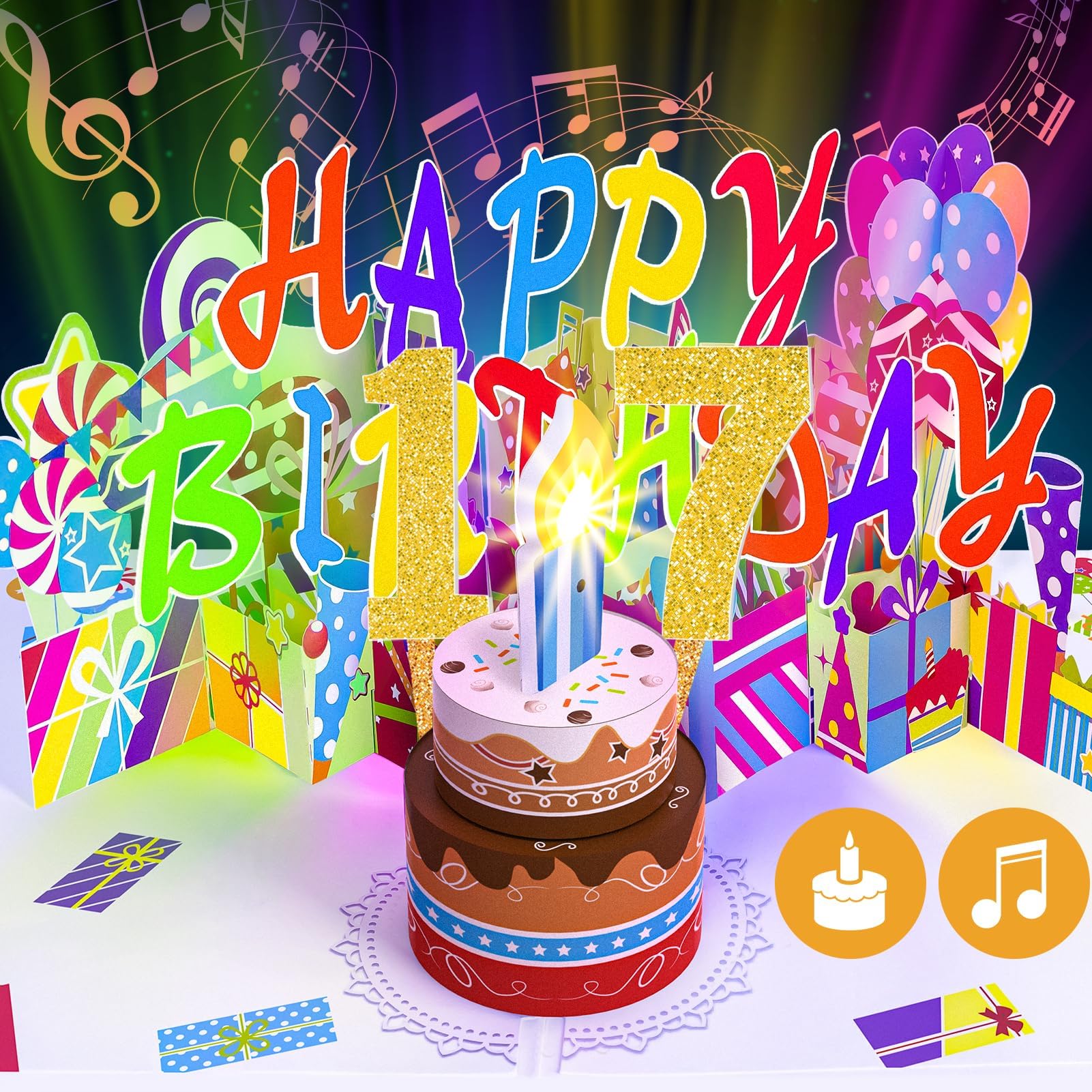 Gumry 17th Pop-Up Musical Birthday Card with Blowable LED Candle for Teens