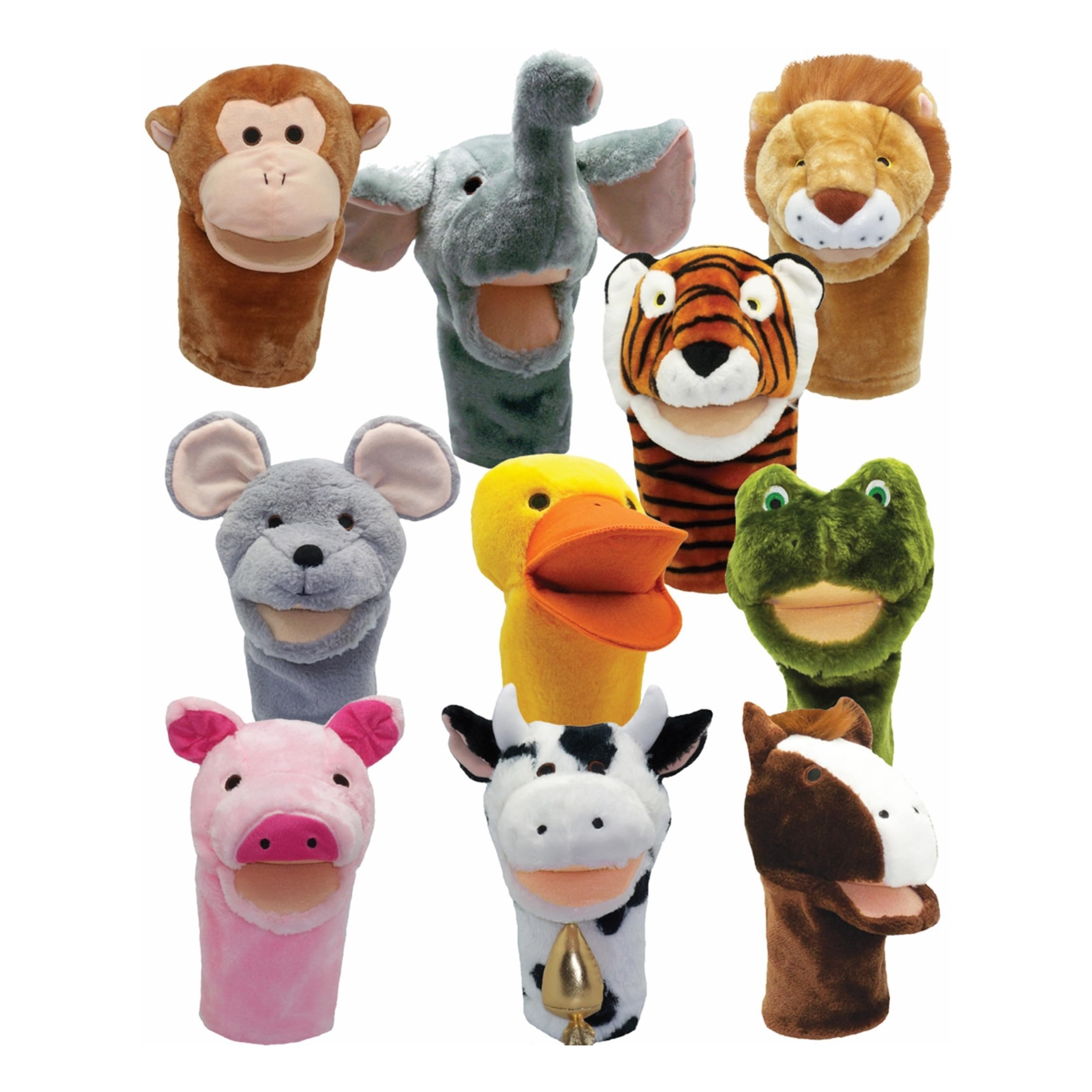 Get Ready Kids BigMouth Animal Hand Puppets – Set of 10 Plush Toy for Toddlers 1-3 & Kids Ages 4-8 | Includes Monkey, Tiger, Pig, Lion, Cow & More | Soft Animal Puppets for Learning & Fun