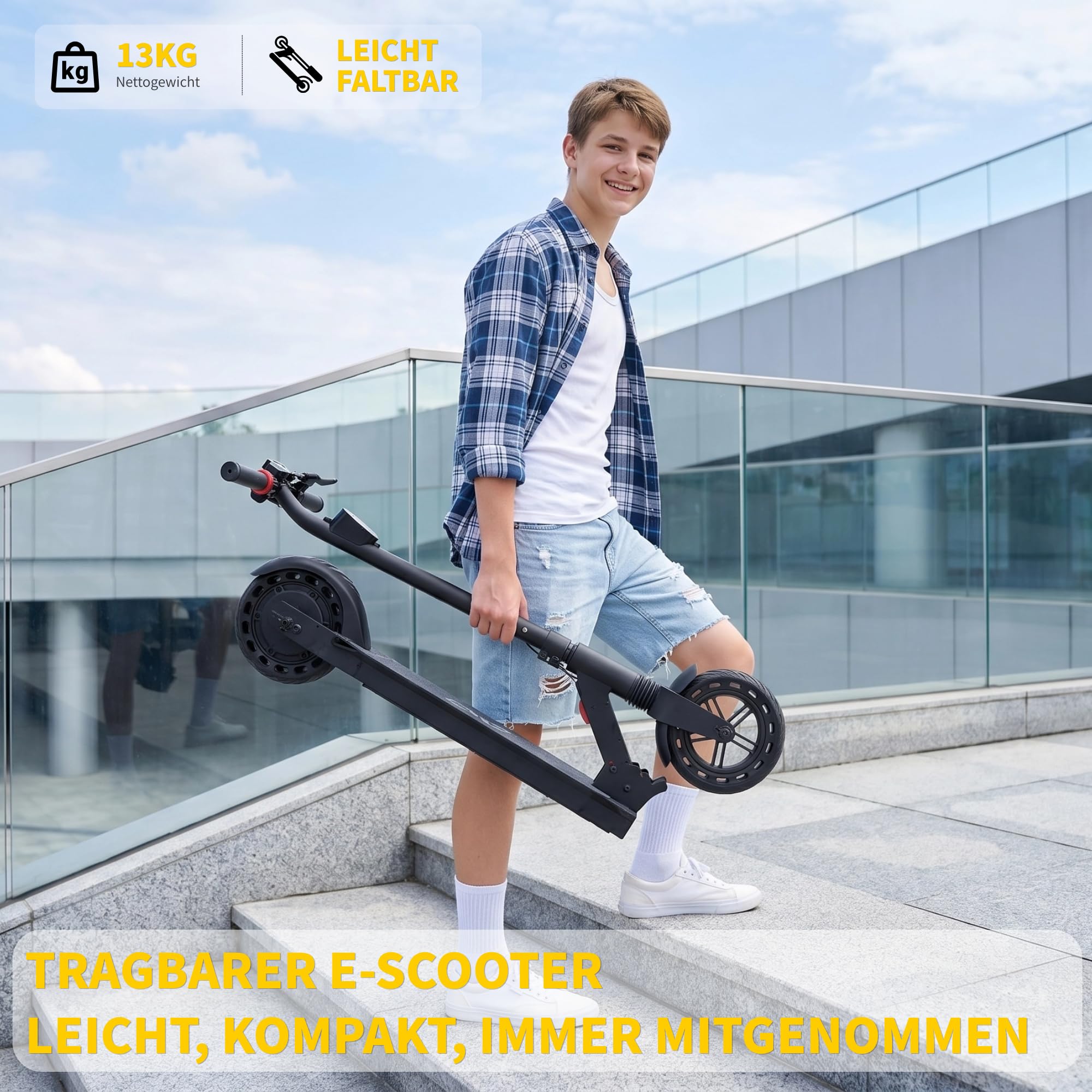 QnQ E Scooter, 2026 8 Zoll Faltbarer Roller, 500 W/20 km/h Motor, 15 km Reichweite, pannensichere Wabenreifen, Kinder und Jugendliche.