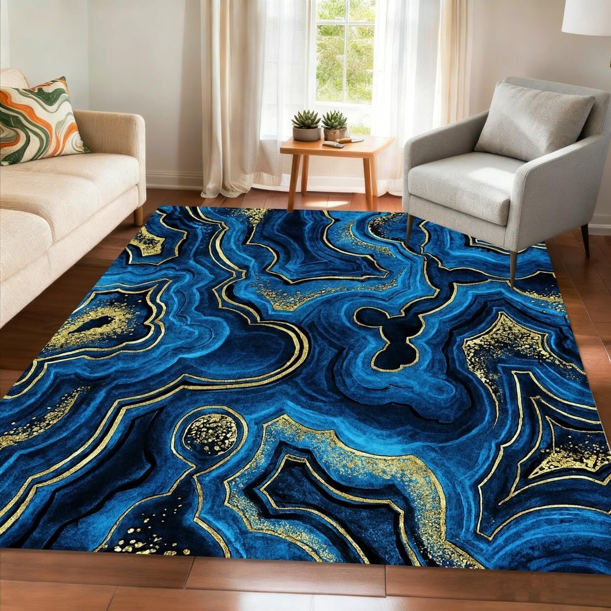 Unique Aesthetics Black Blue Gold Rustic Vintage Abstract Rugs for Living Room Quick Dry Natural Marble Carpet Under Dining Table Nursery Kitchen Farmhouse Home Office Dorm Washable Area Rug 2x3