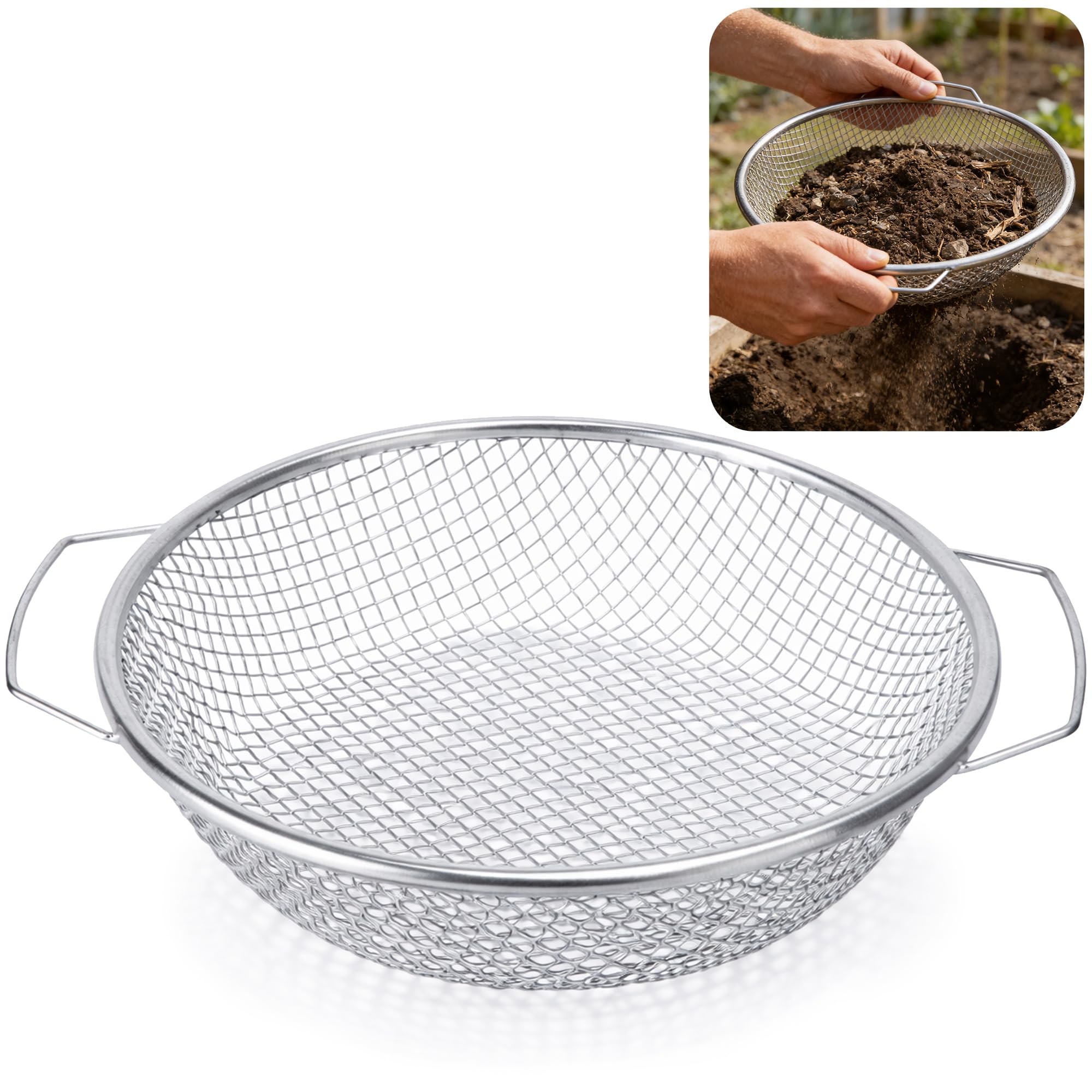 GIONAR Sito ogrodowe ze stali nierdzewnej, 30 cm, z uchwytem, metalowe okrągłe sito kompostowe do piasku, nasion, ziemi, kompostu, kamieni, chwastów, żwiru (siatka 6 mm)