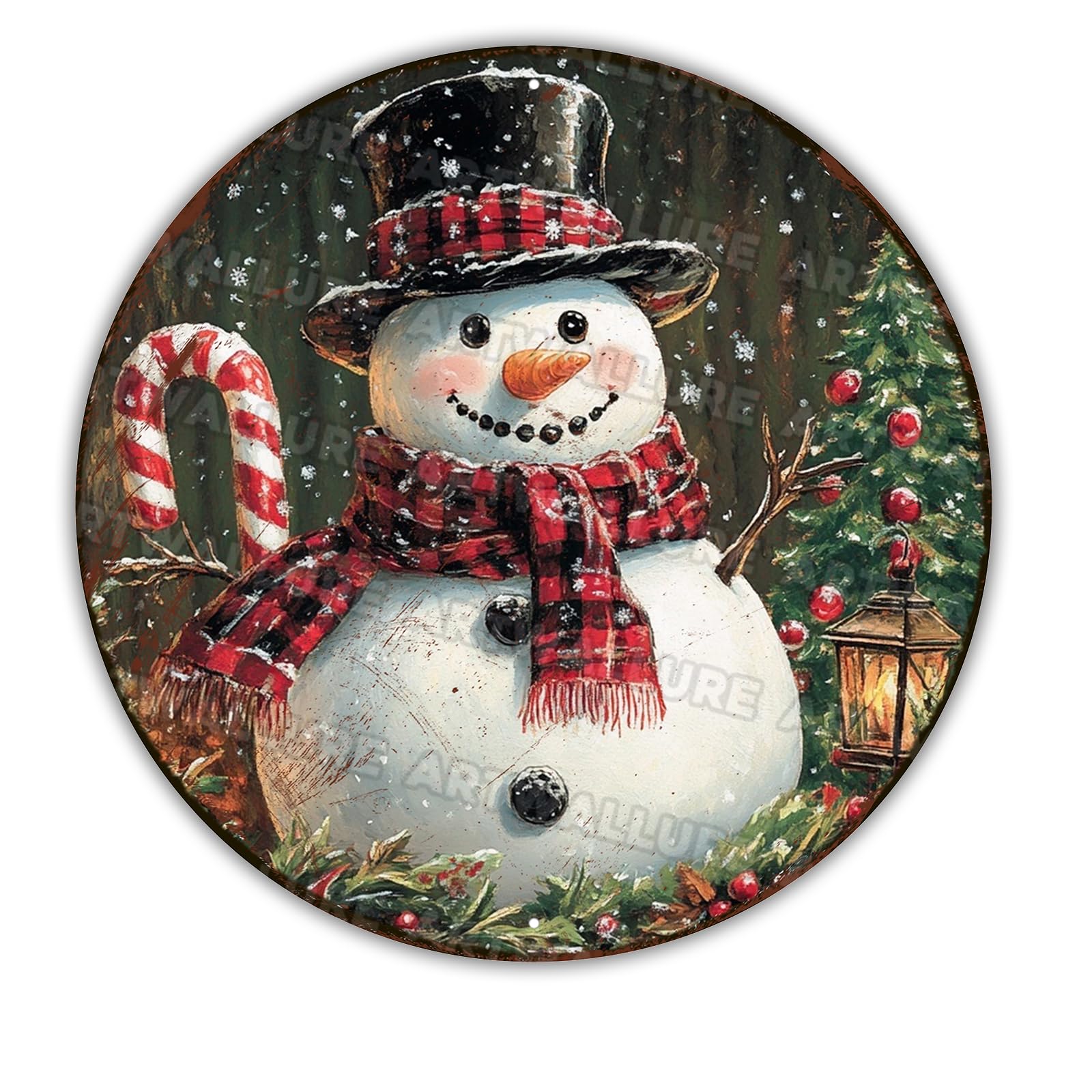 Christmas Snowman Winter Wreath Round Metal Sign, Circular Wall Decor for Living Room Above Fireplace and Festive Christmas Entryway Displays 12x12Inch