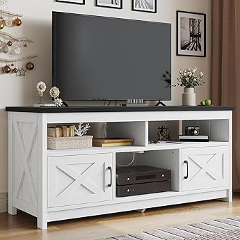 DWVO Farmhouse TV Stand for Television up to 65 Inch, Entertainment Center with Power Outlets and Open Shelf, Rustic TV Cabinet Media Console Table for Living Room, White/Black, 59 Inches