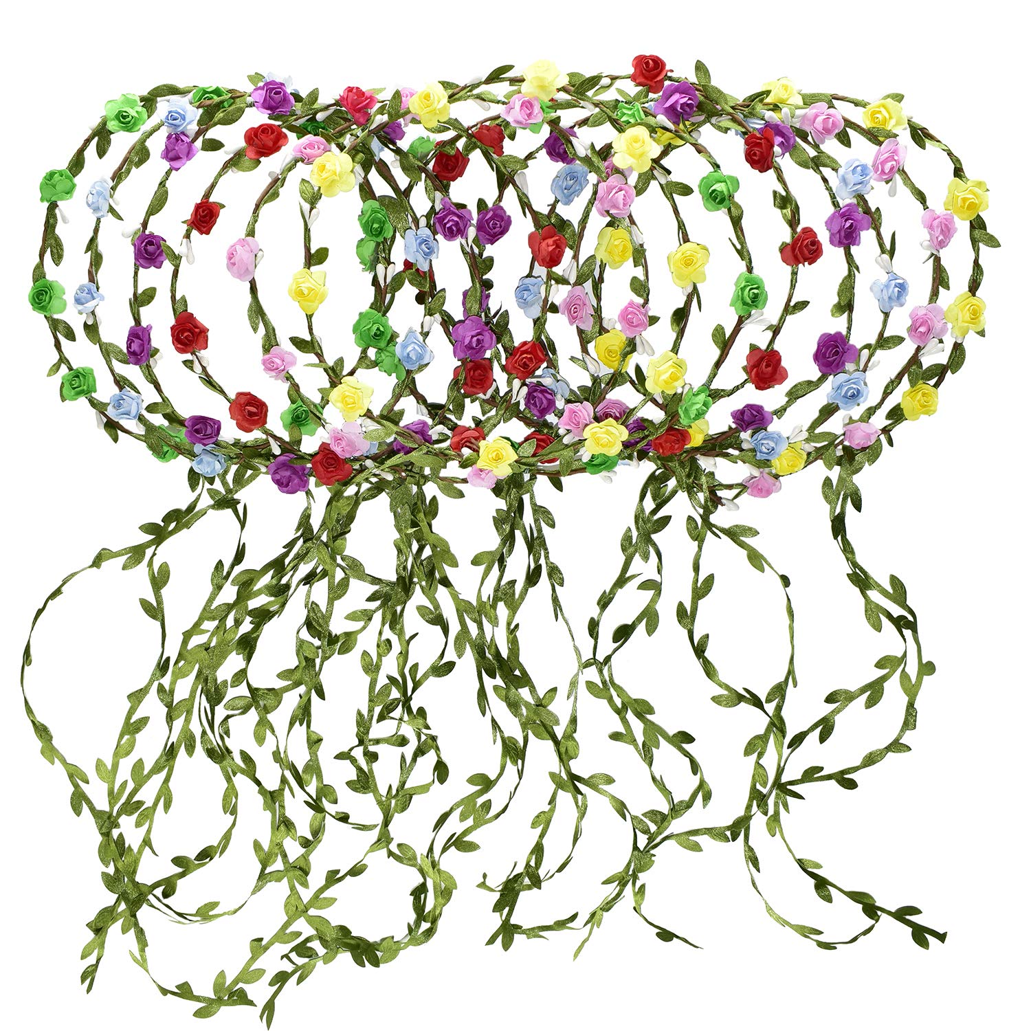 ZeeDix 12 Pieces Multicolor Flower Wreath Crown Headband for Women Girls Brides - Assorted Colored Flower Crown Garland Headbands for Festival Wedding Party Vacation Photography Props