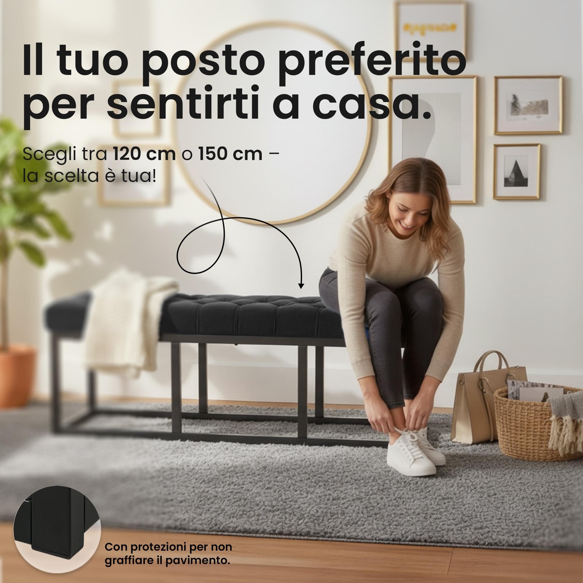 CLP Panca Polson, Moderna, Struttura Nera, Velluto, Trapuntata, Protezioni per Pavimenti, Design, Colore:Nero, Dimensione:150 cm