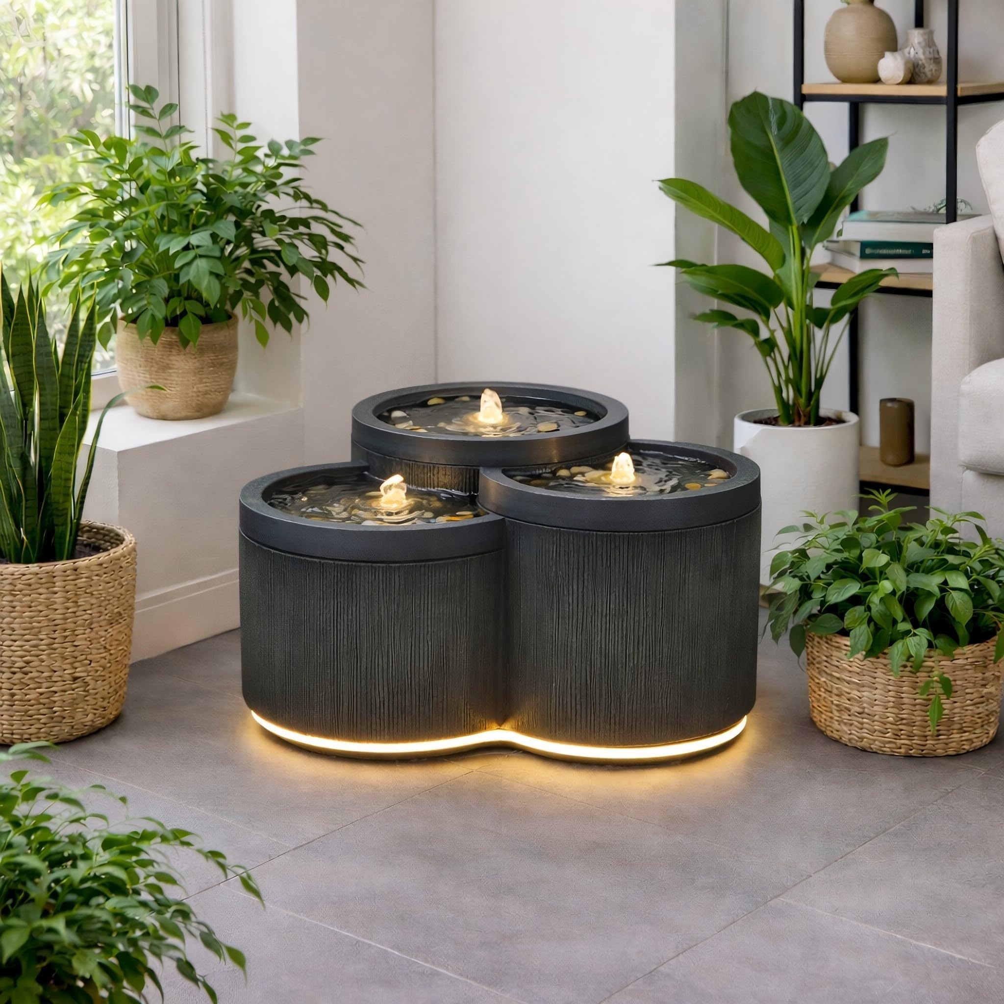 Wacredo Premium Wasserspiel Komplettset Aruba anthrazit 55 x 51 x 28cm Quellstein Trio Indoor und Outdoor Quellstein Brunnen klassisch Steinoptik mit 3X LED Spot und 1X LED Band handbemalt