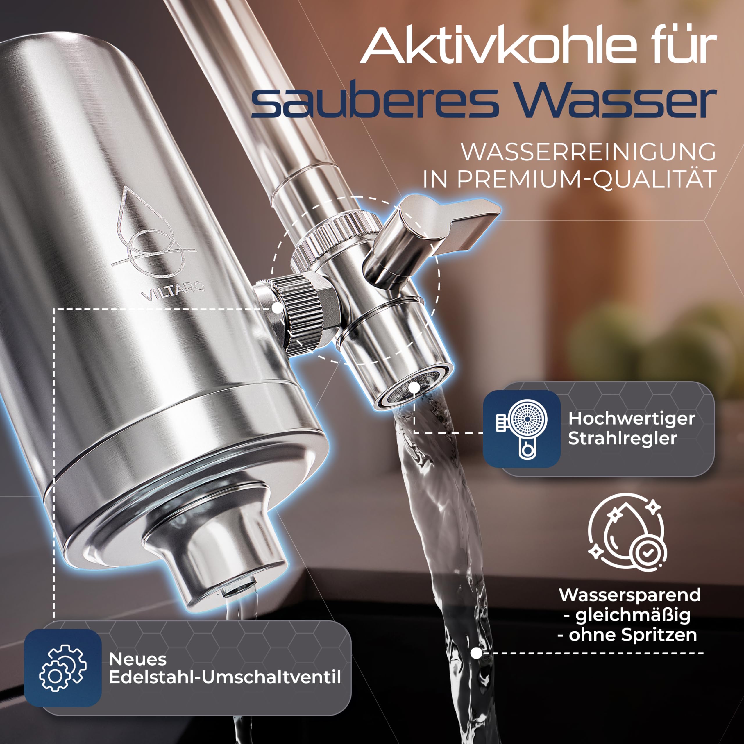 VILTARO® Wasserfilter Wasserhahn mit Kalkschutz – nur 2 Cent/Liter Trinkwasser, BPA-frei, Edelstahl, wassersparender Strahlregler, Aktivkohle | Filter Wasserhahn, Wasserhahnfilter für Trinkwasser