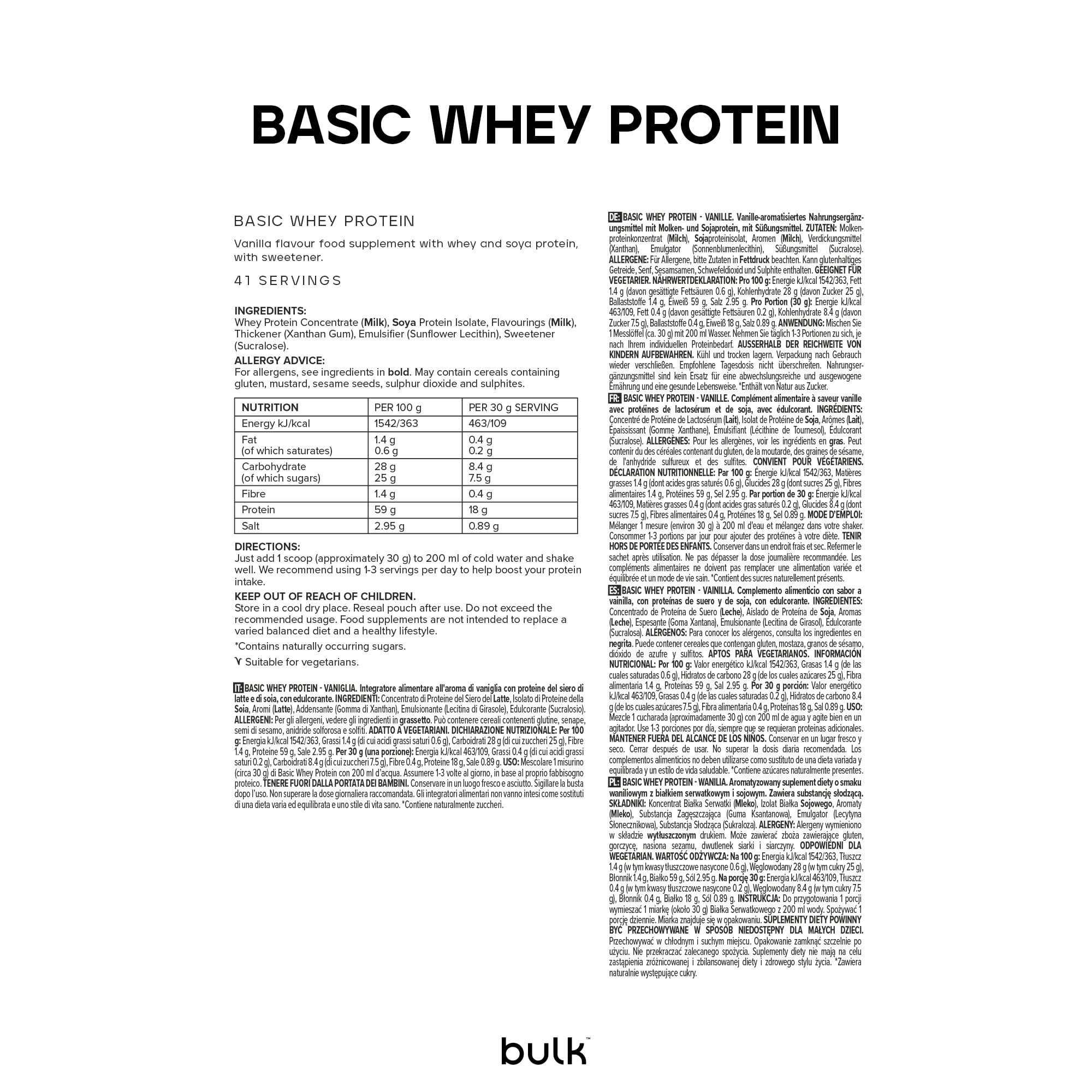 Bulk Basic Proteine del Siero in Polvere | Vaniglia | 1,25 kg | 41 Porzioni | Fino a 18 g di Proteine | Basso Contenuto di Zuccheri | Rapido Assorbimento | Supporta la Crescita e il Recupero Muscolare