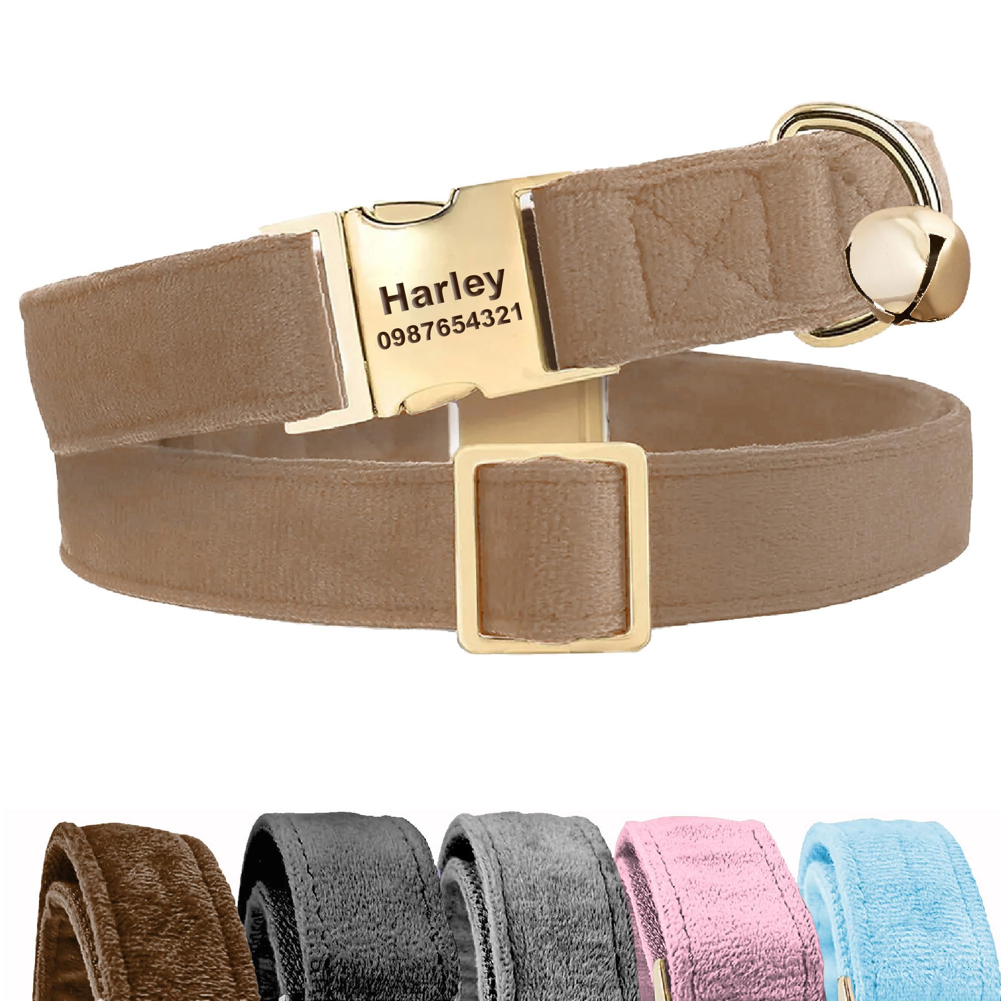 Personalised Dog Collar with Name - Custom Engraved Velvet Pet Collar With Bell, Adjustable Collar for Puppy, Small, Medium, Large Dogs, Dachshund, French Bulldog (Beige, Small)