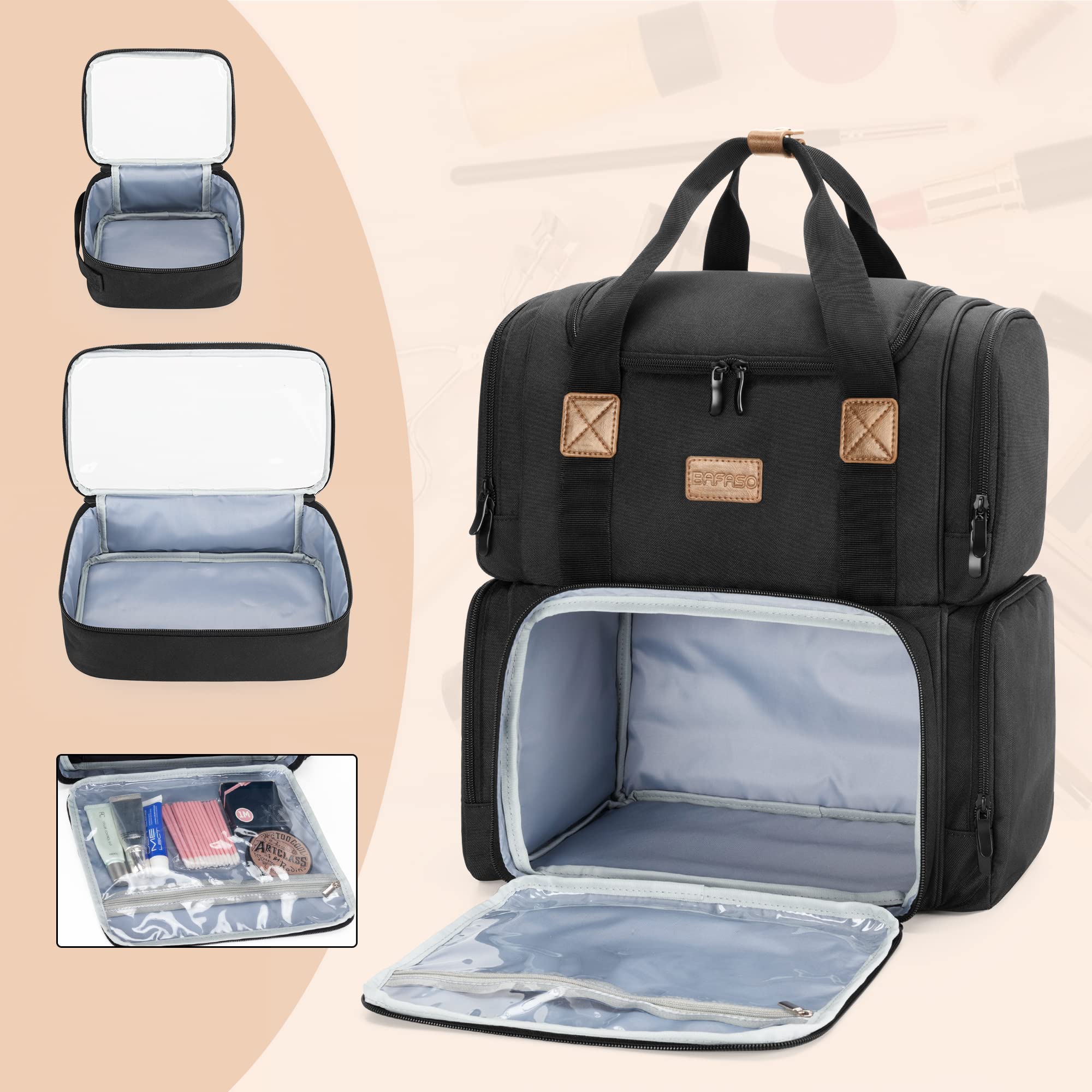 BAFASO Bolsa de Cosméticos Mochila con 3 Bolsas Interiores Extraíbles, Bolsa de Maquillaje de Viaje con Múltiples Bolsillos (Solo Bolsa), Negro