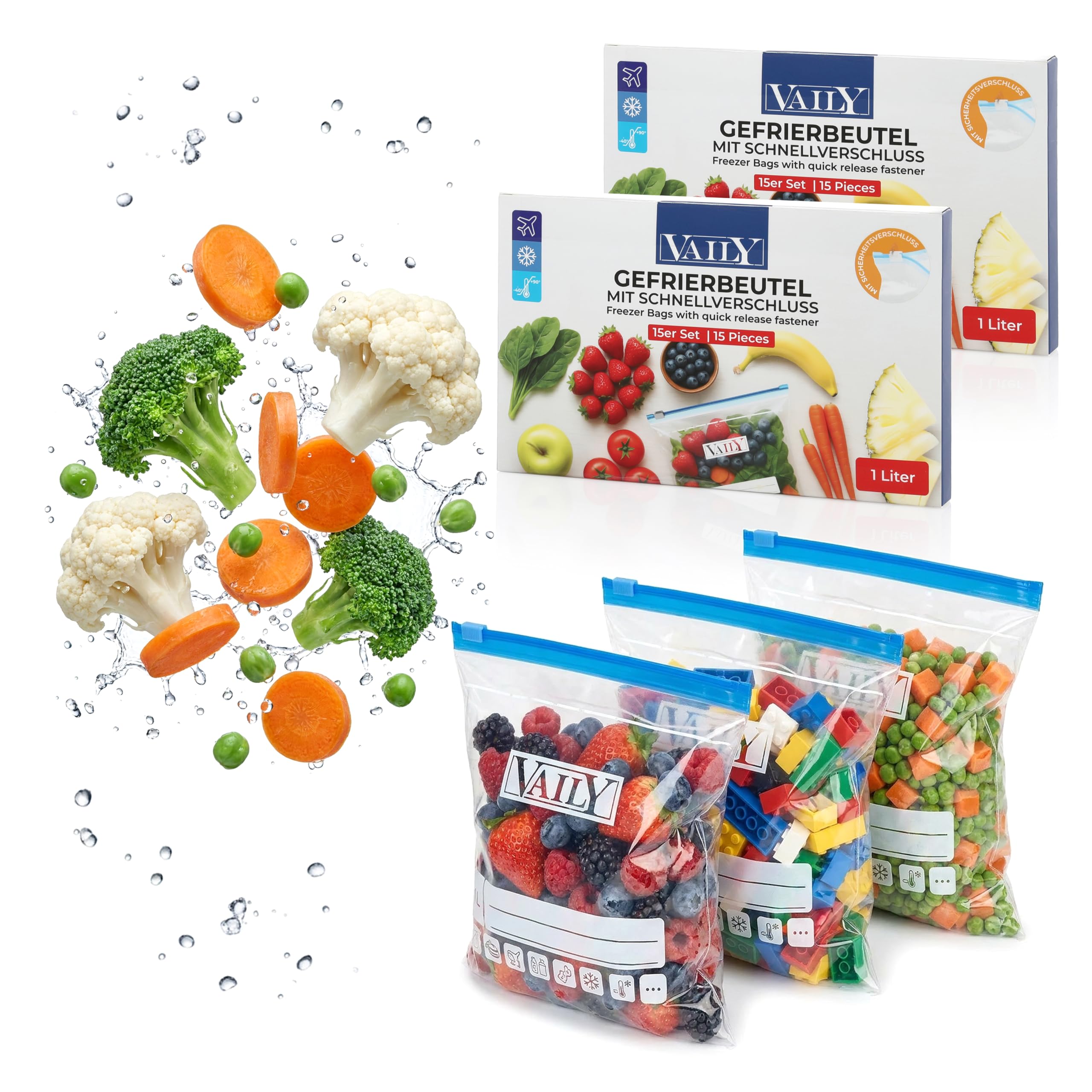 Vaily Zip Freezer Bags Set of 30 - 1 Litre Food Storage Bags for Resealing - Large Set for Food Storage and Freezing