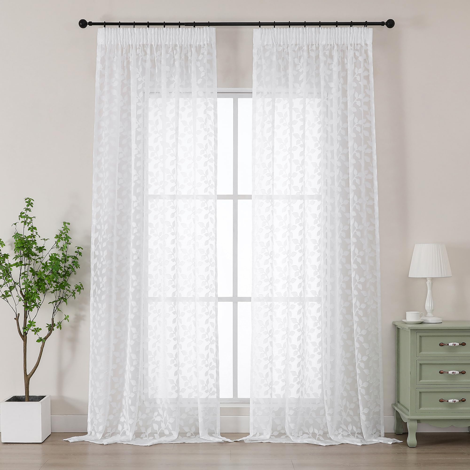 Simplebrand White Sheer Curtains Charlton Leaf 2 Panels W140 x L229cm, Clip Jacquard Pencil Pleat Drapes, Semi-Sheer Curtains for French Doors Balcony, Light Filtering Decorative Voile Curtains