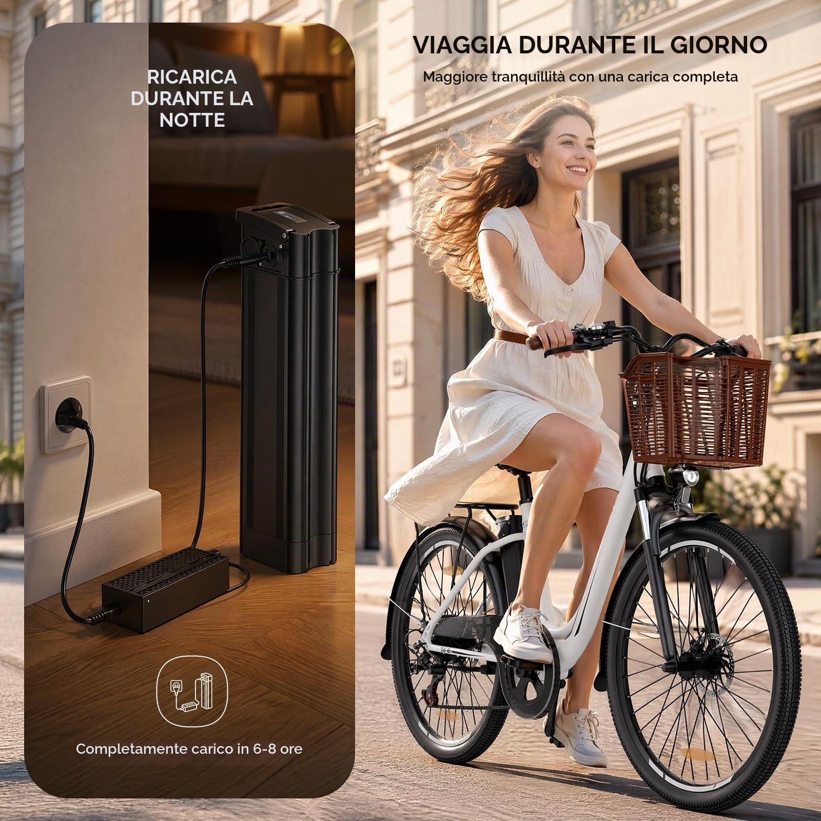 E-bike per donne e uomini, bicicletta elettrica da 26 pollici con cestino, citybike, bicicletta da trekking con batteria da 36 V 13 Ah, bianco