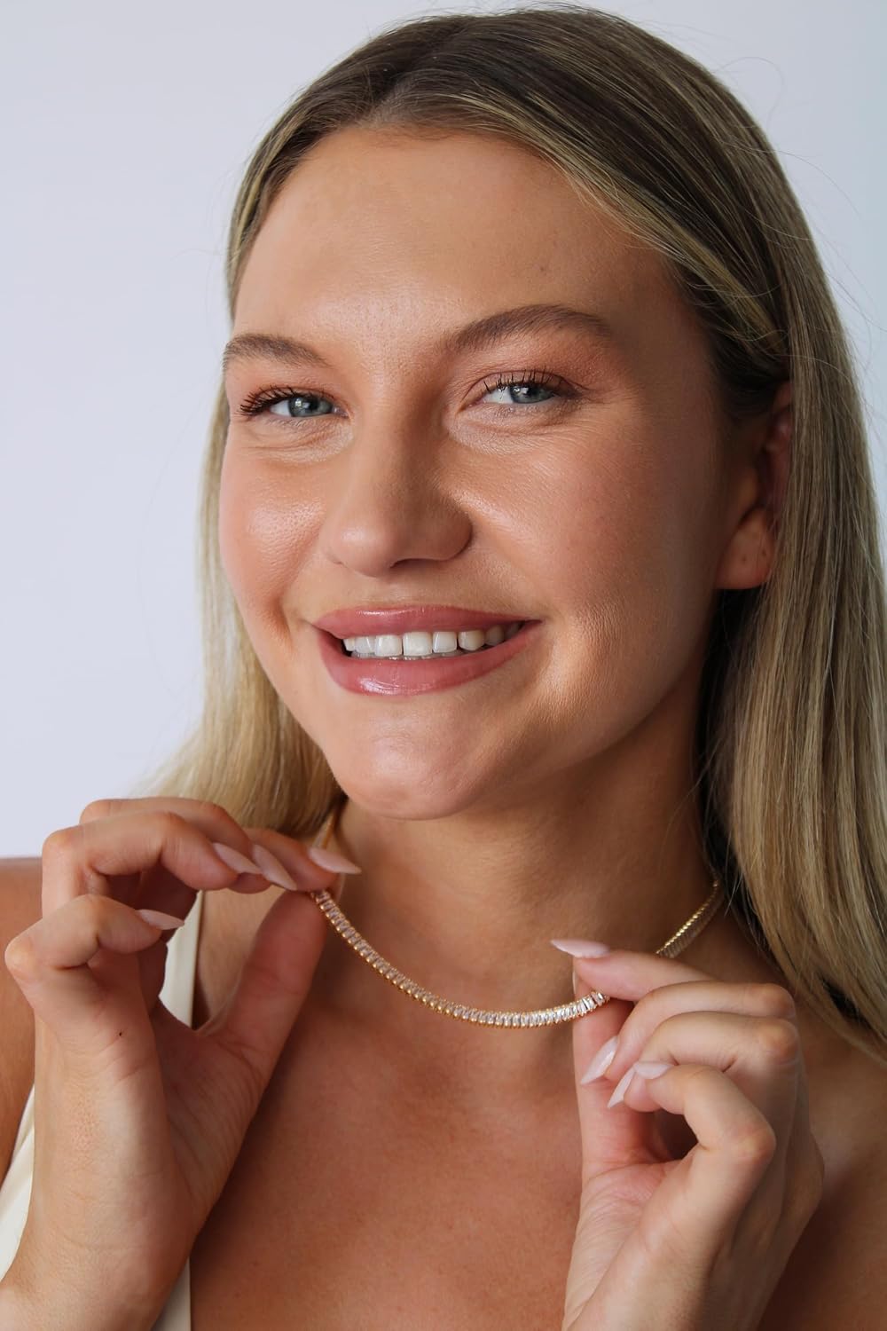 18K Gold Plated Baguette Tennis Necklace for Women - Adjustable CZ Choker Chain with Cubic Zirconia, Tarnish-Free Statement Jewelry Gift