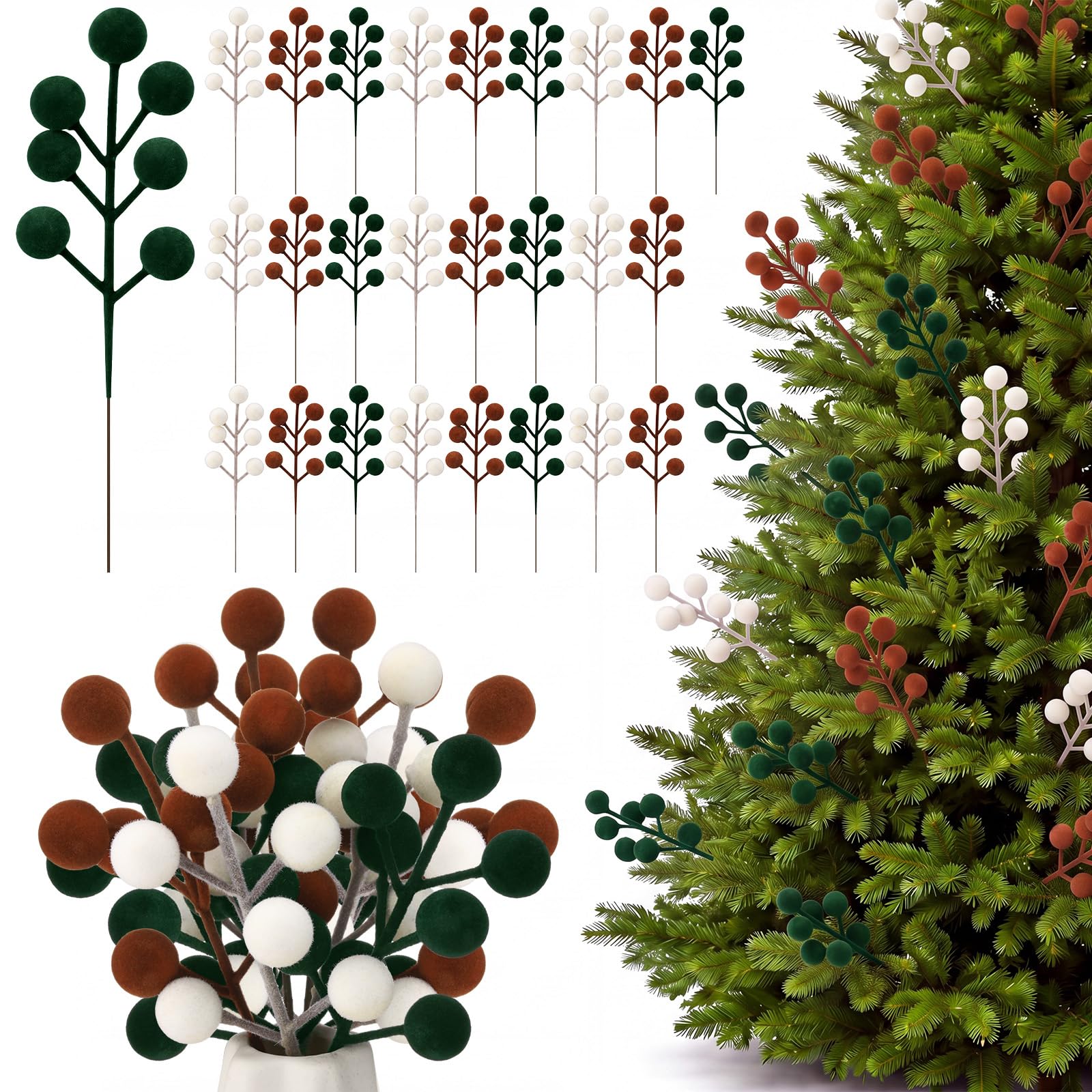 48 Pcs Brown Green Beige 6.5 Inch Christmas Holly Berry Stems
