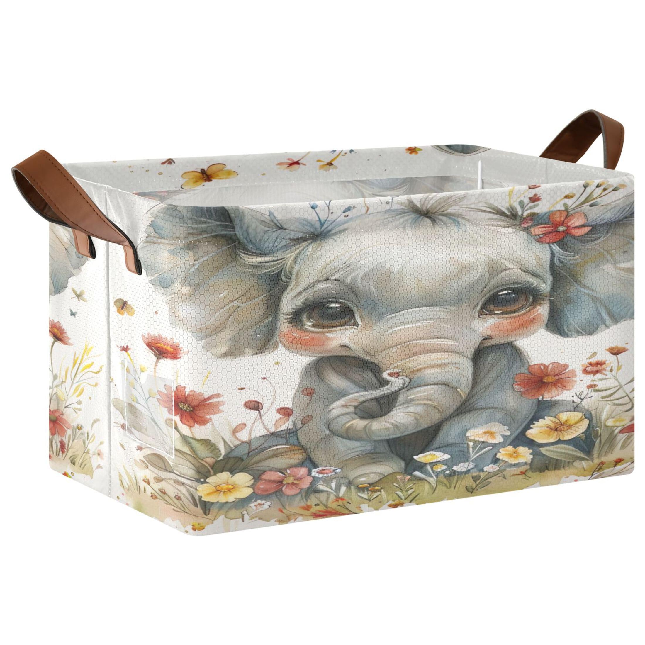 Kutsu Foldable Storage Basket Watercolor Elephant Collapsible Storage Bin with Handles for Shelves, Rectangle Basket for Home Nursery Decor, 16.9x11.4x10 in