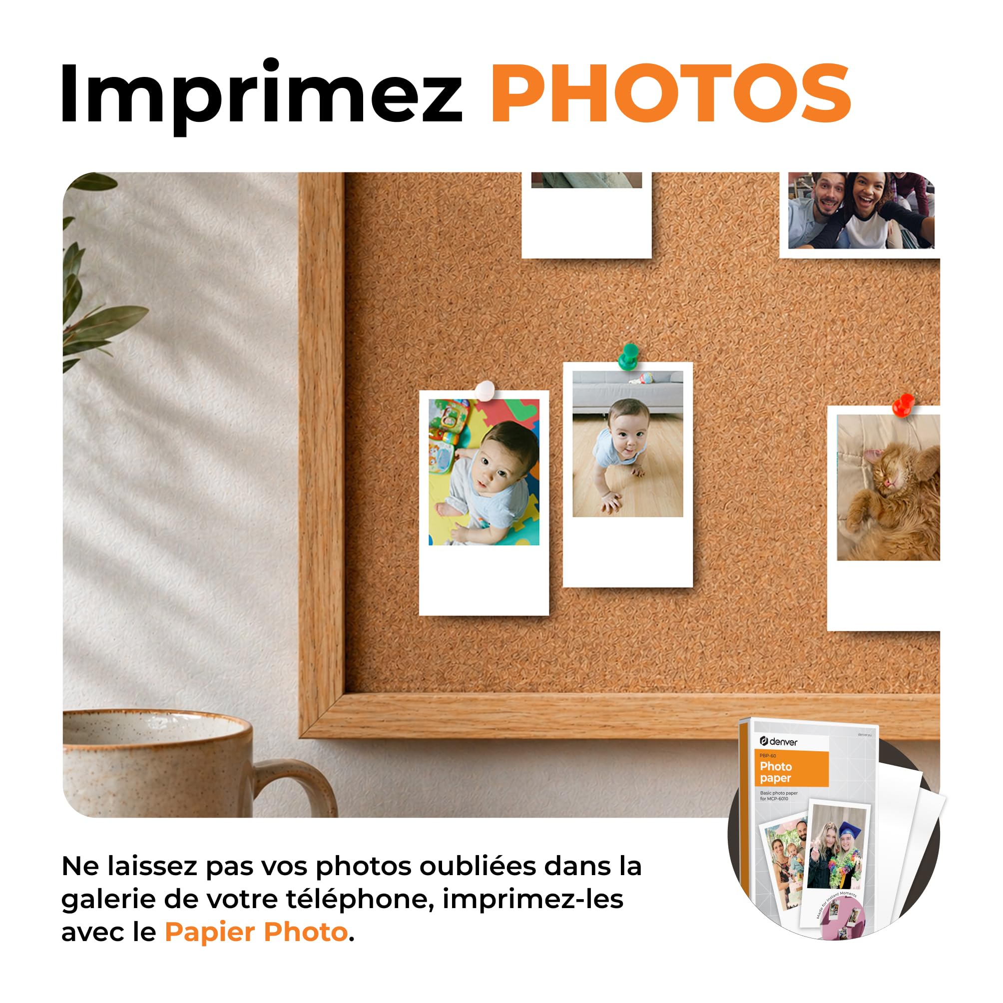 Denver MCP-6010 Mini imprimante photo pour smartphone, imprimante couleur mobile avec Bluetooth 5.2, 600 DPI, iOS et Android, imprimante photo portable avec batterie, incl. cartouche et lot de 20